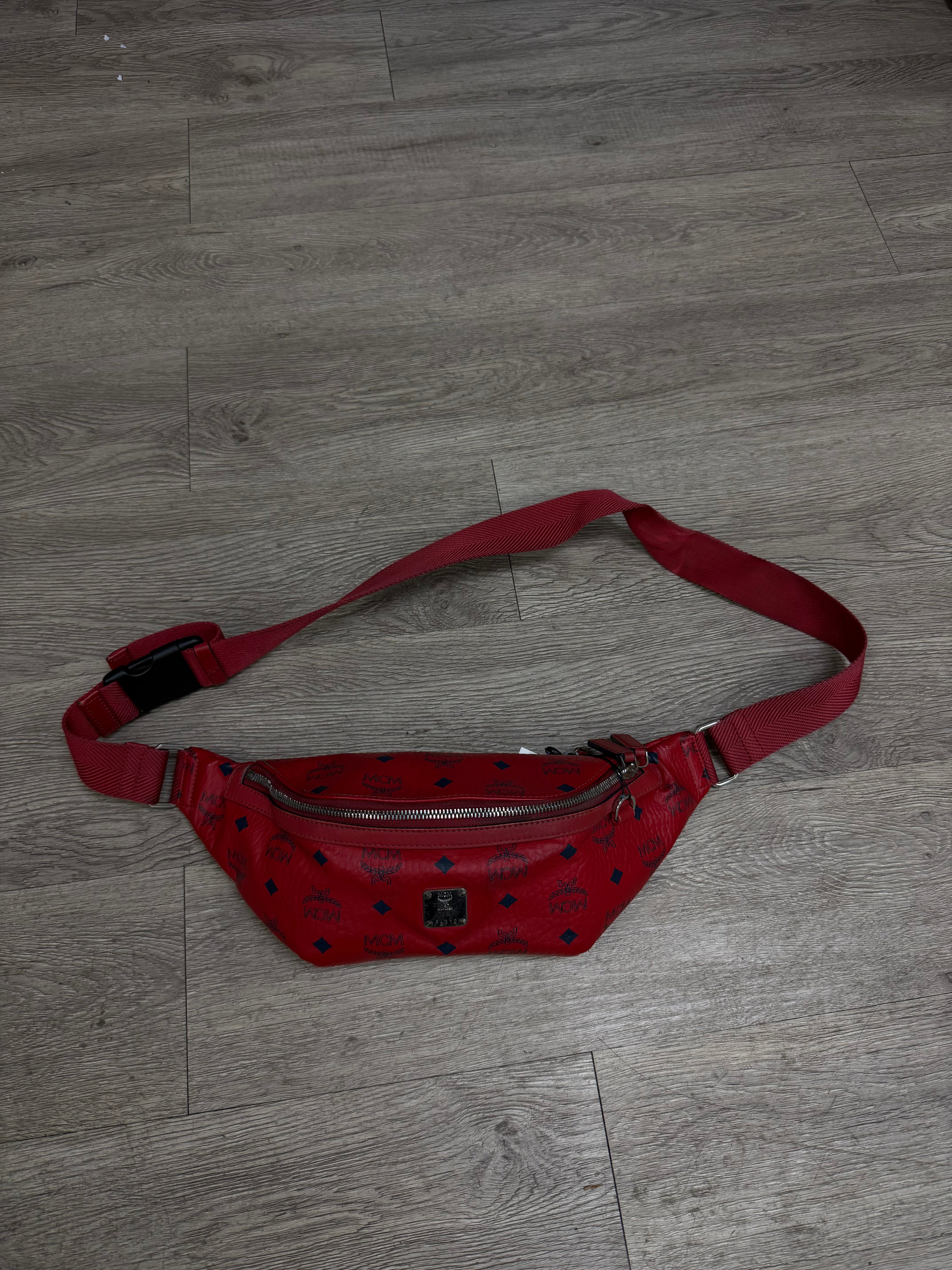 MCM Red Monogram Fanny Bag