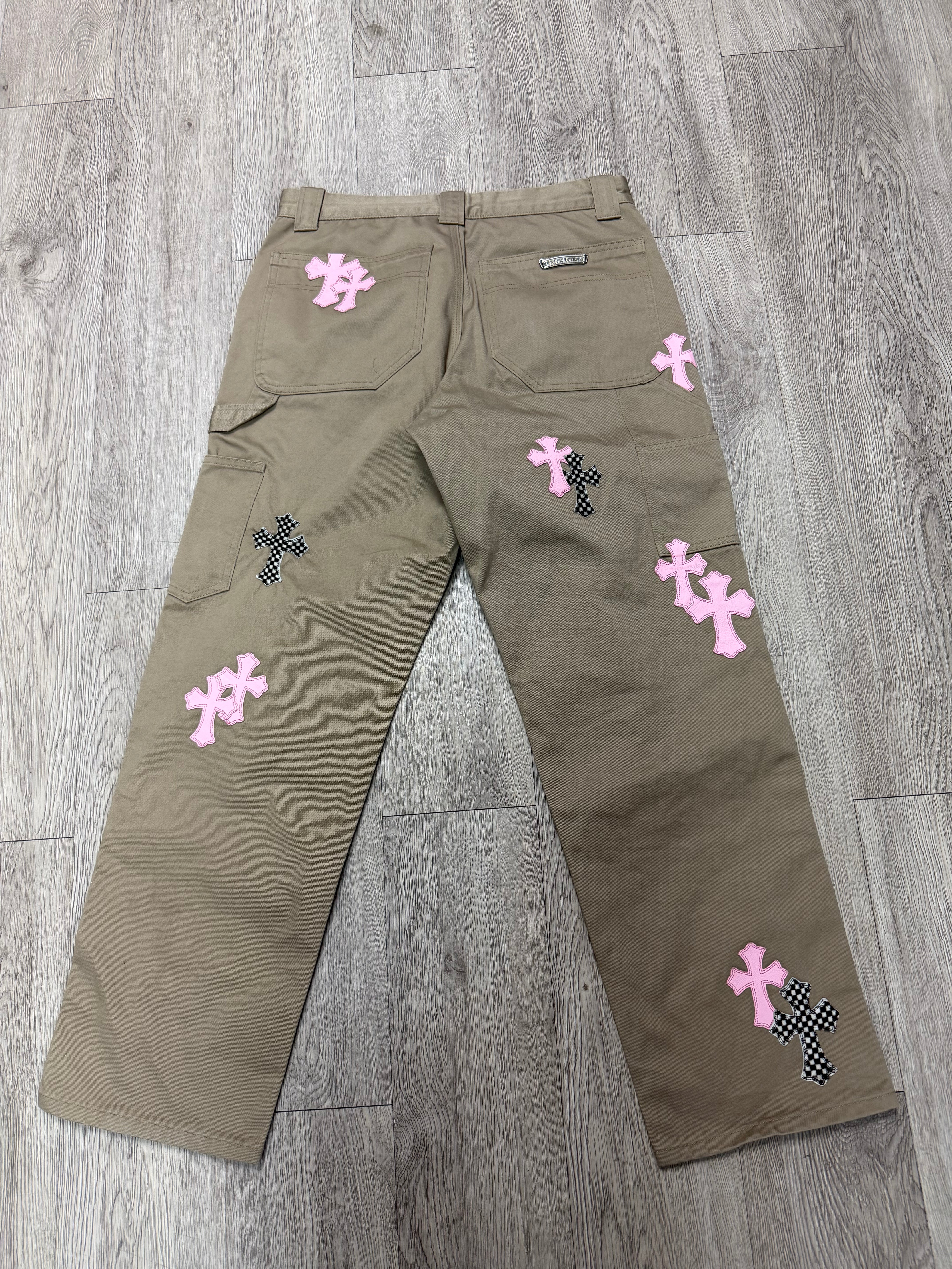 Chrome Hearts Tan Pink & Checkered Cross Patch Carpenter Pants