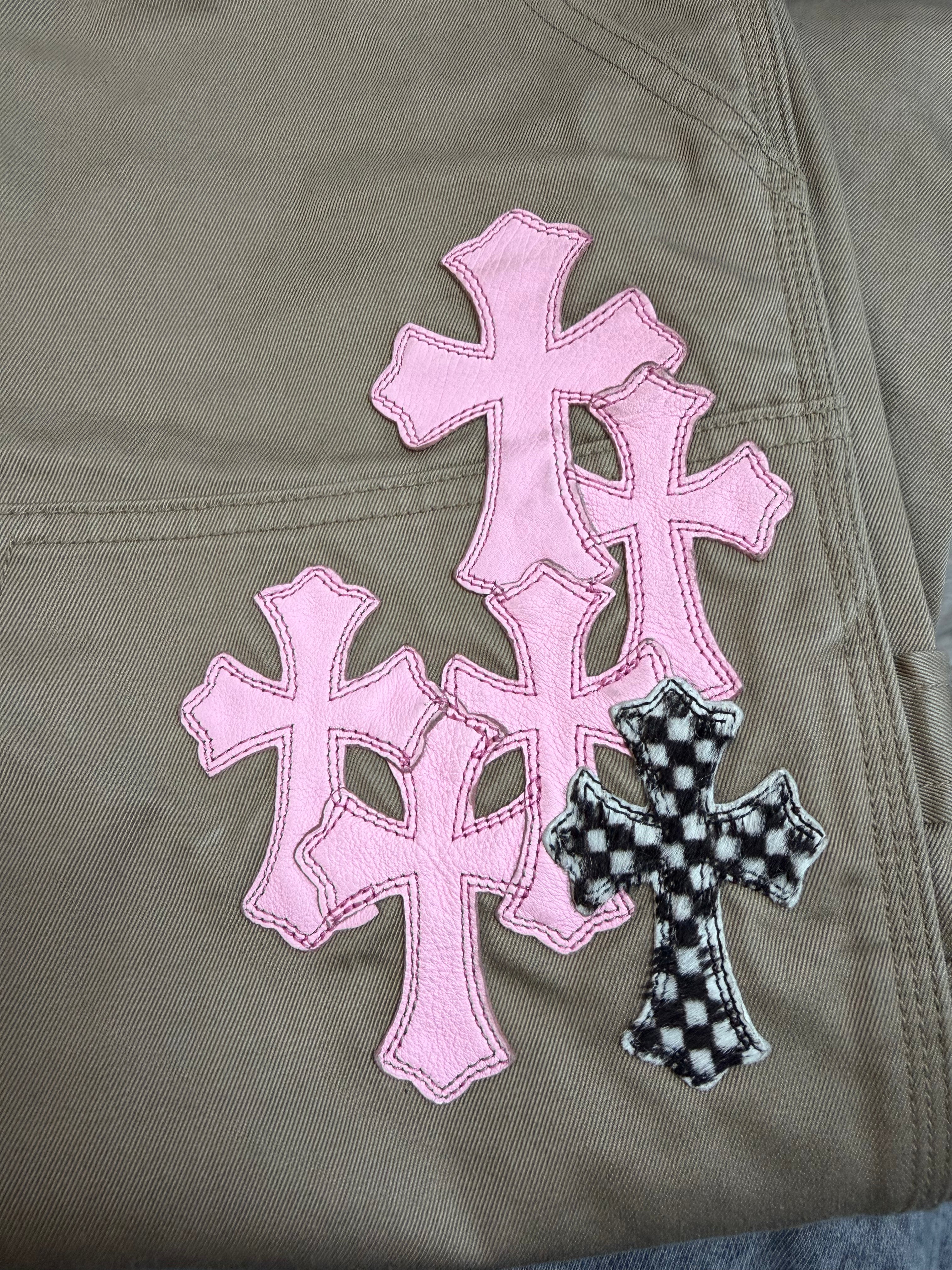 Chrome Hearts Tan Pink & Checkered Cross Patch Carpenter Pants