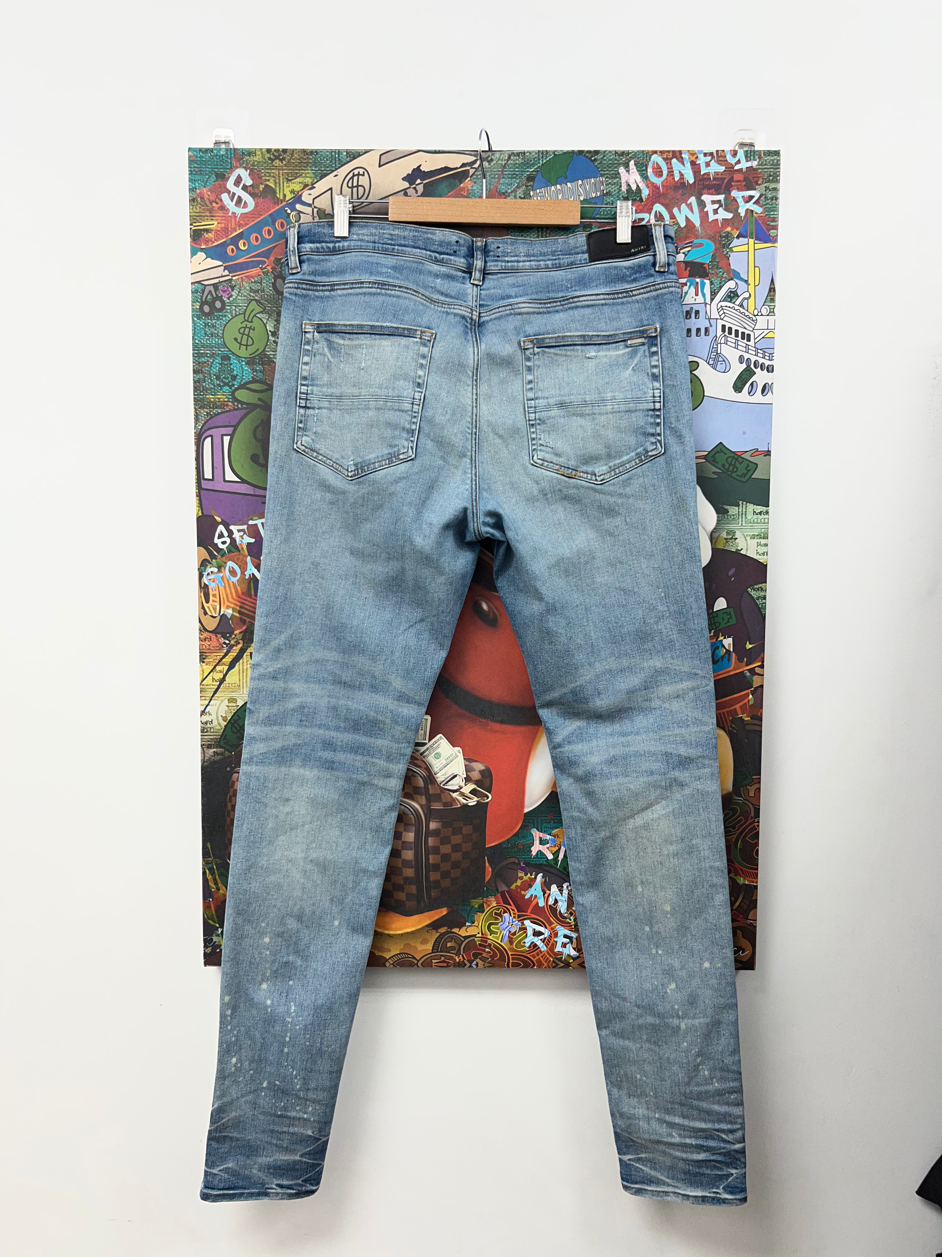 Amiri MX1 Light Wash Baby Blue Paisley Patch Jeans
