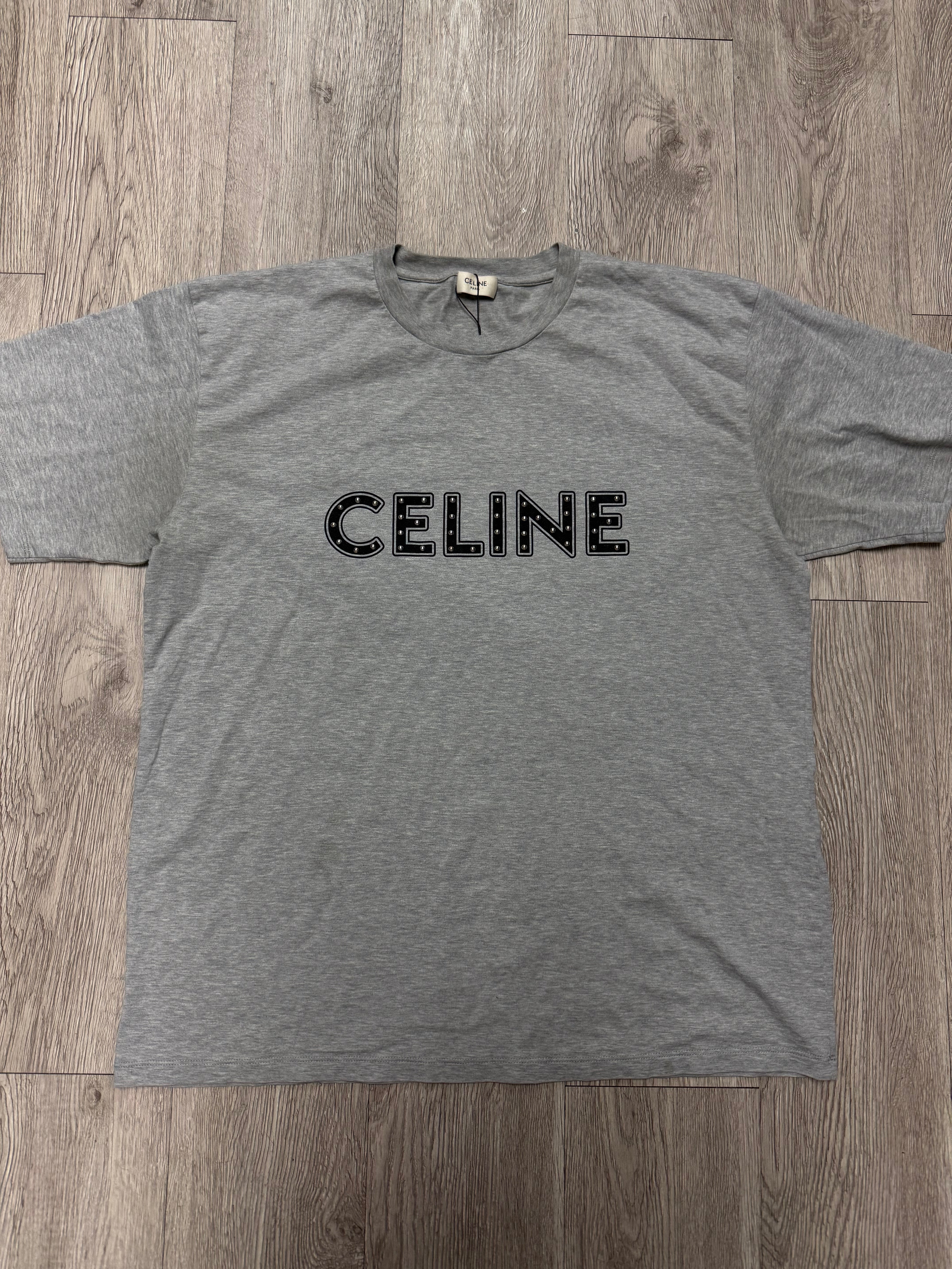 Celine Grey Black Studded Logo Tee