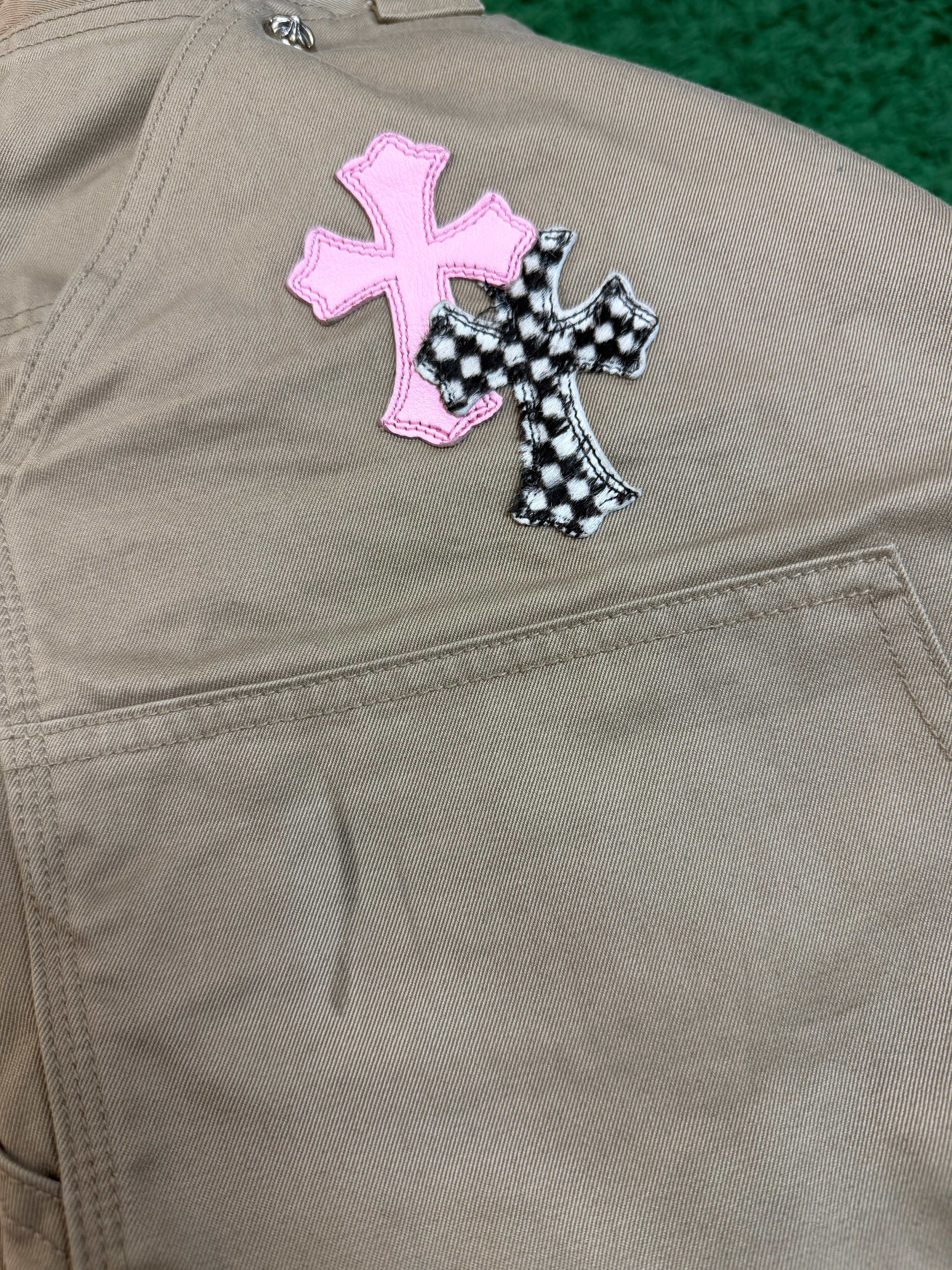 Chrome Hearts Tan Pink & Checkered Cross Patch Carpenter Pants