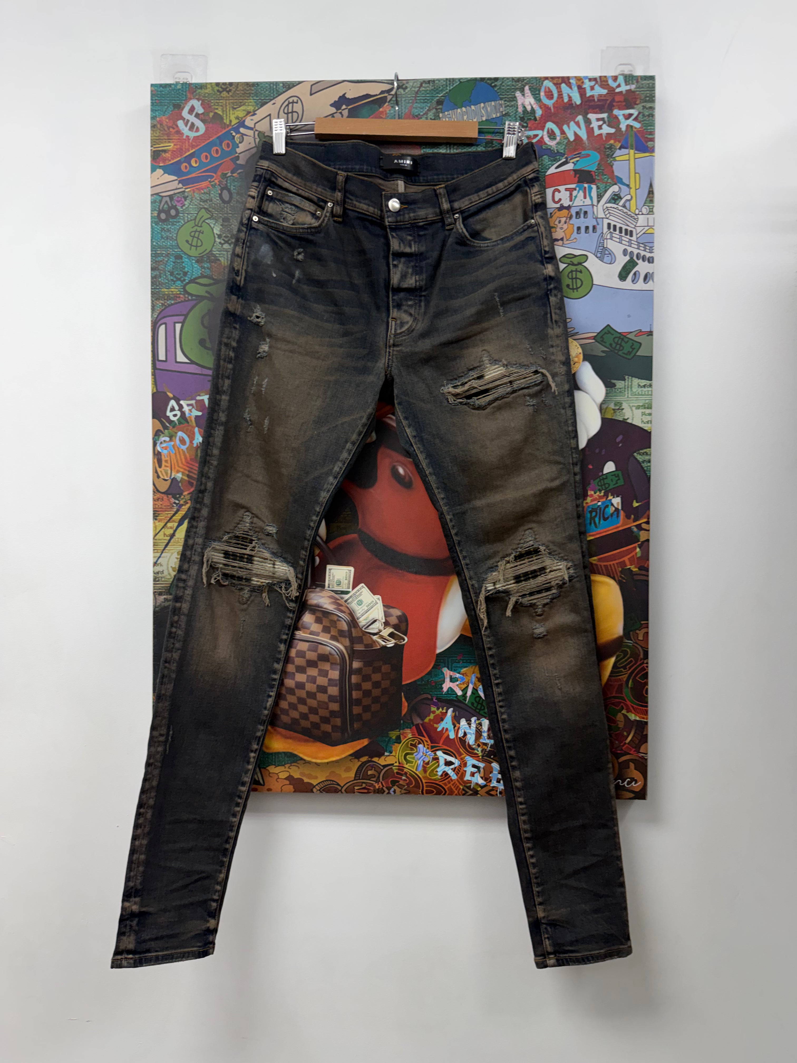 Amiri MX1 Rust Wash Plaid Patch Jeans