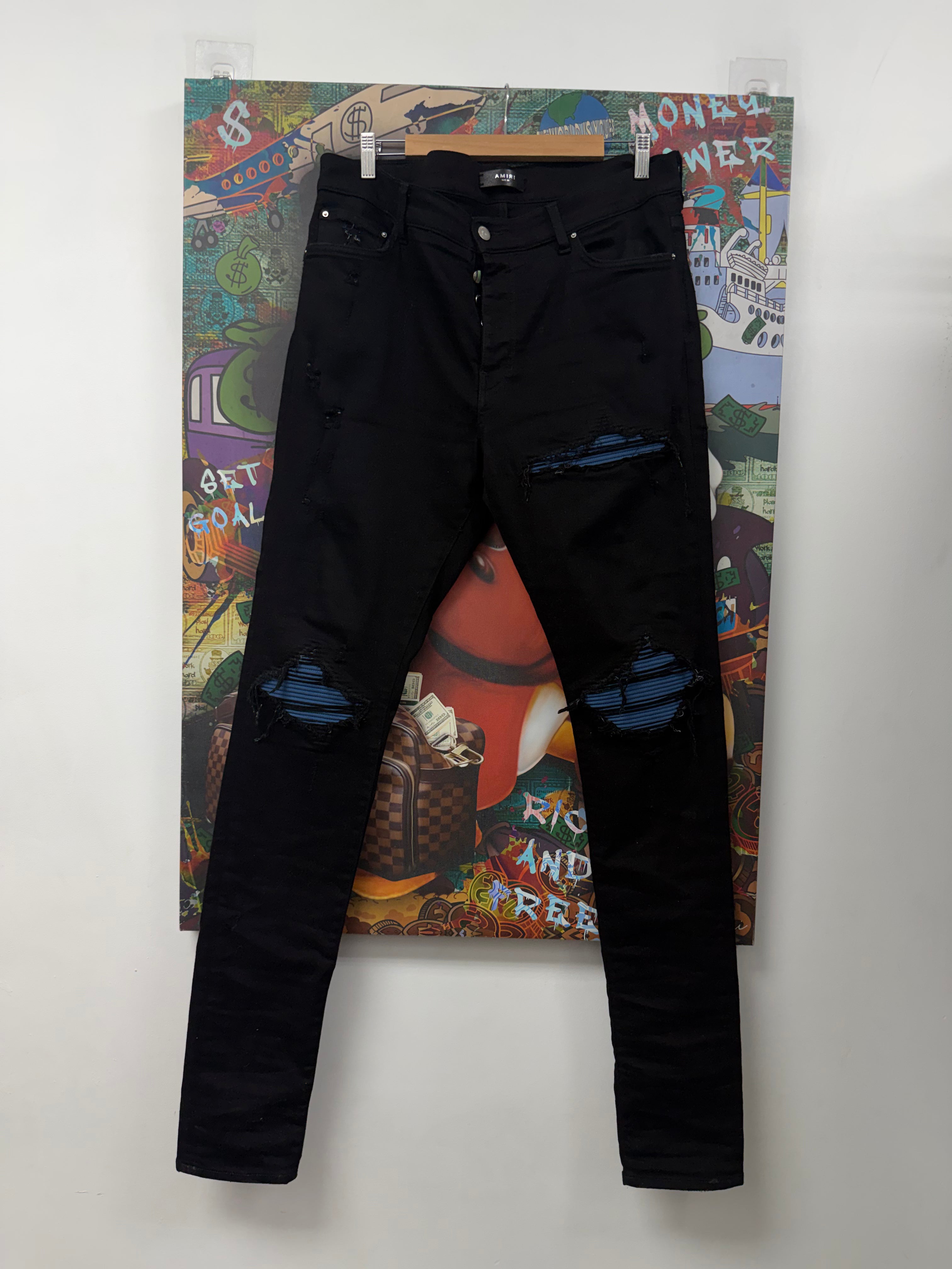 Amiri MX1 Black Blue Ultrasuede Patch Jeans