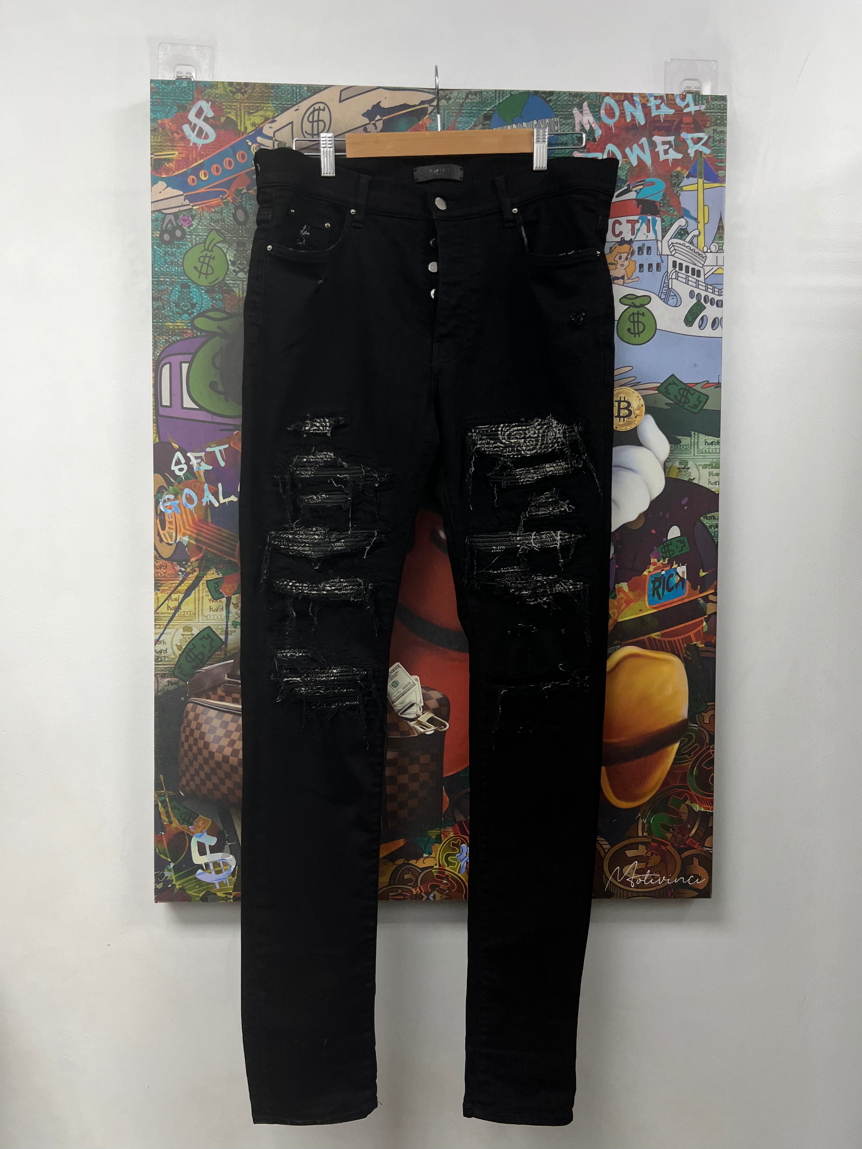 Amiri Black Bandana Thrasher Patch Jeans