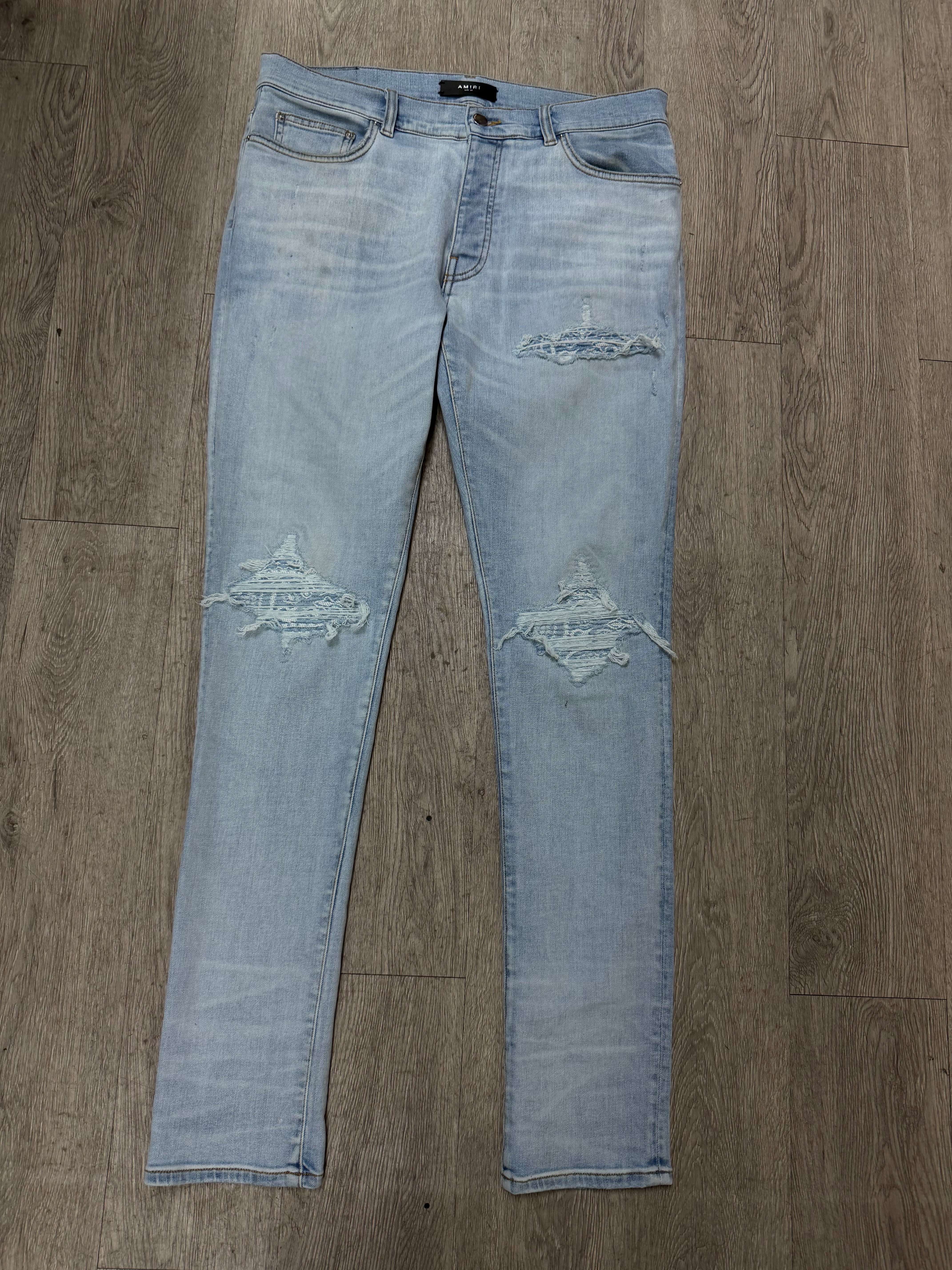 Amiri Light Wash Denim Paisley Patch MX1 Jeans