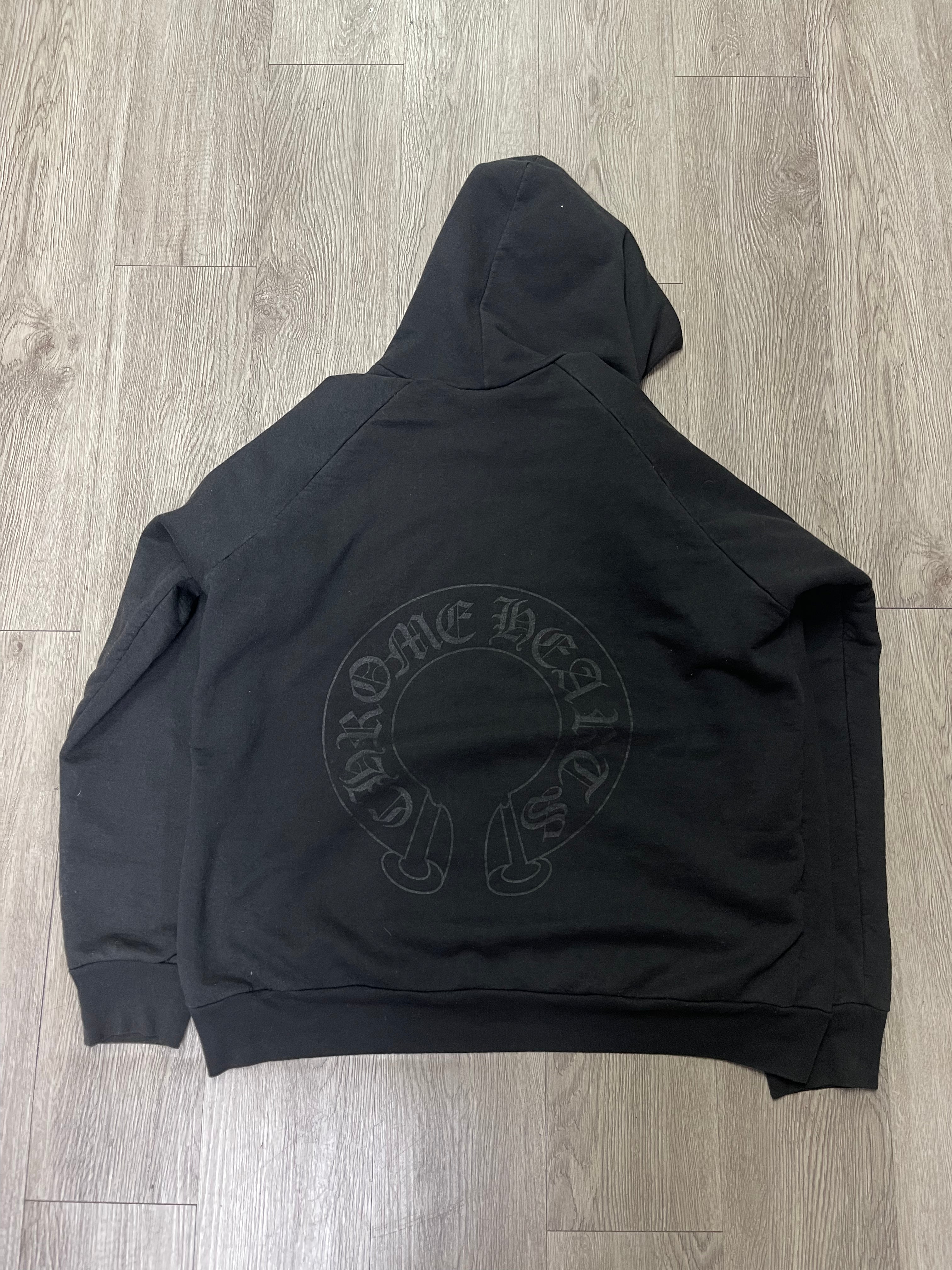 Chrome Hearts Vintage Black Tonal Floral Horseshoe Thermal Hoodie