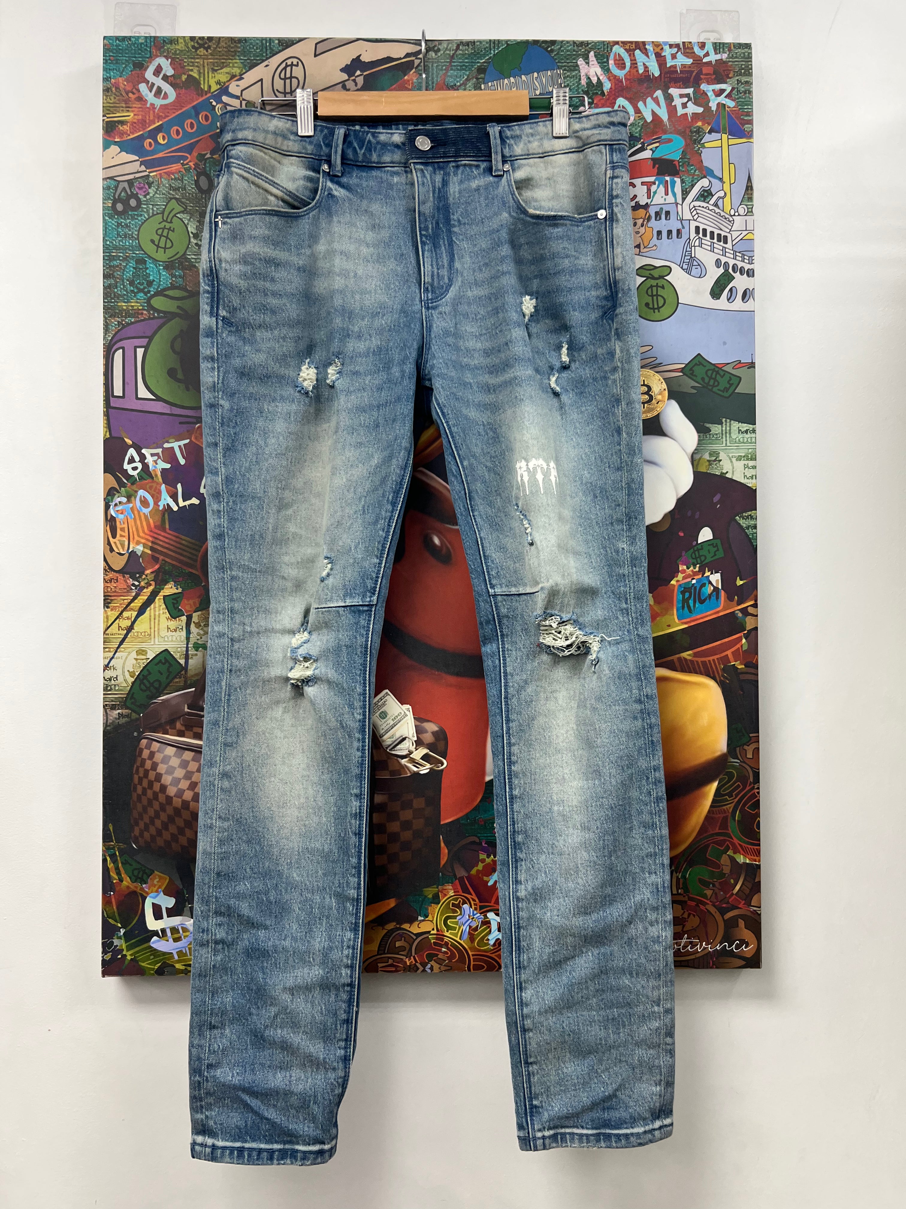 RTA Light Wash White Stripe Ripped Jeans