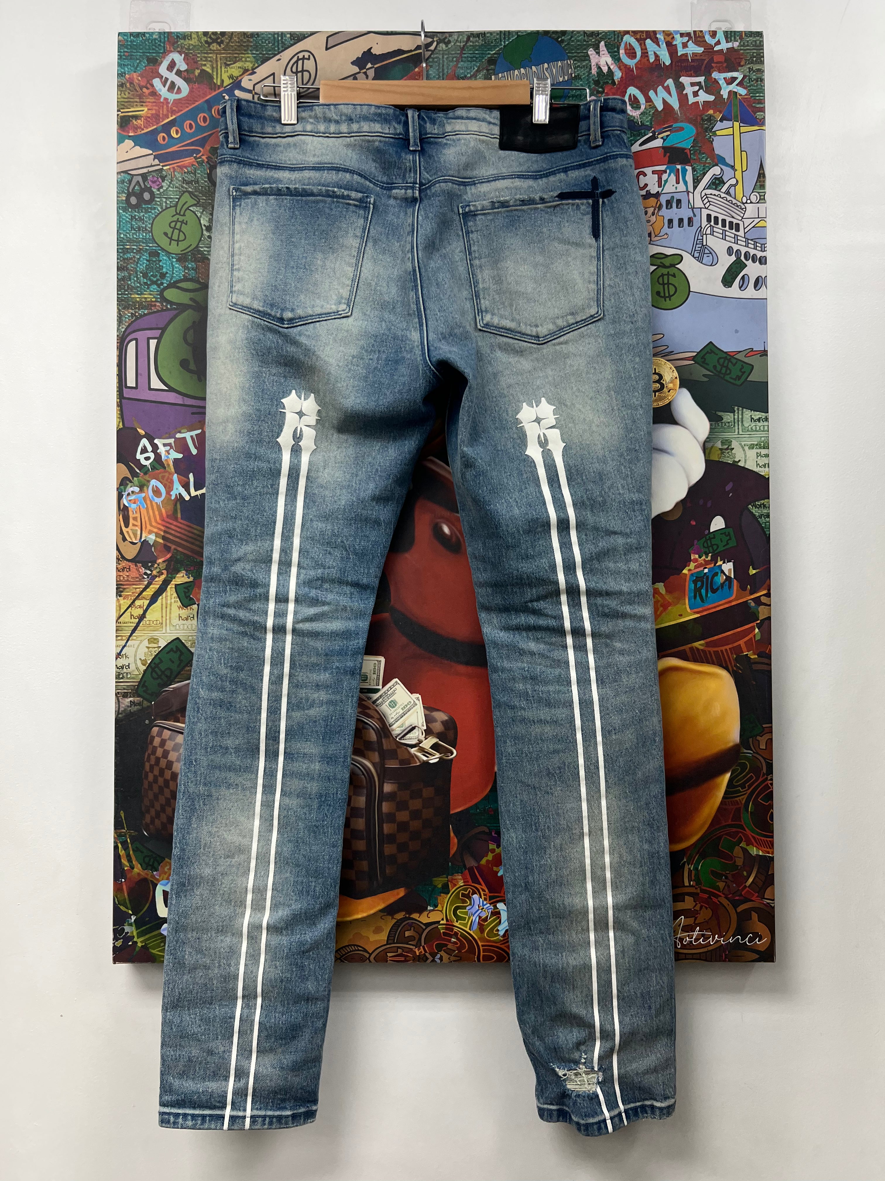 RTA Light Wash White Stripe Ripped Jeans