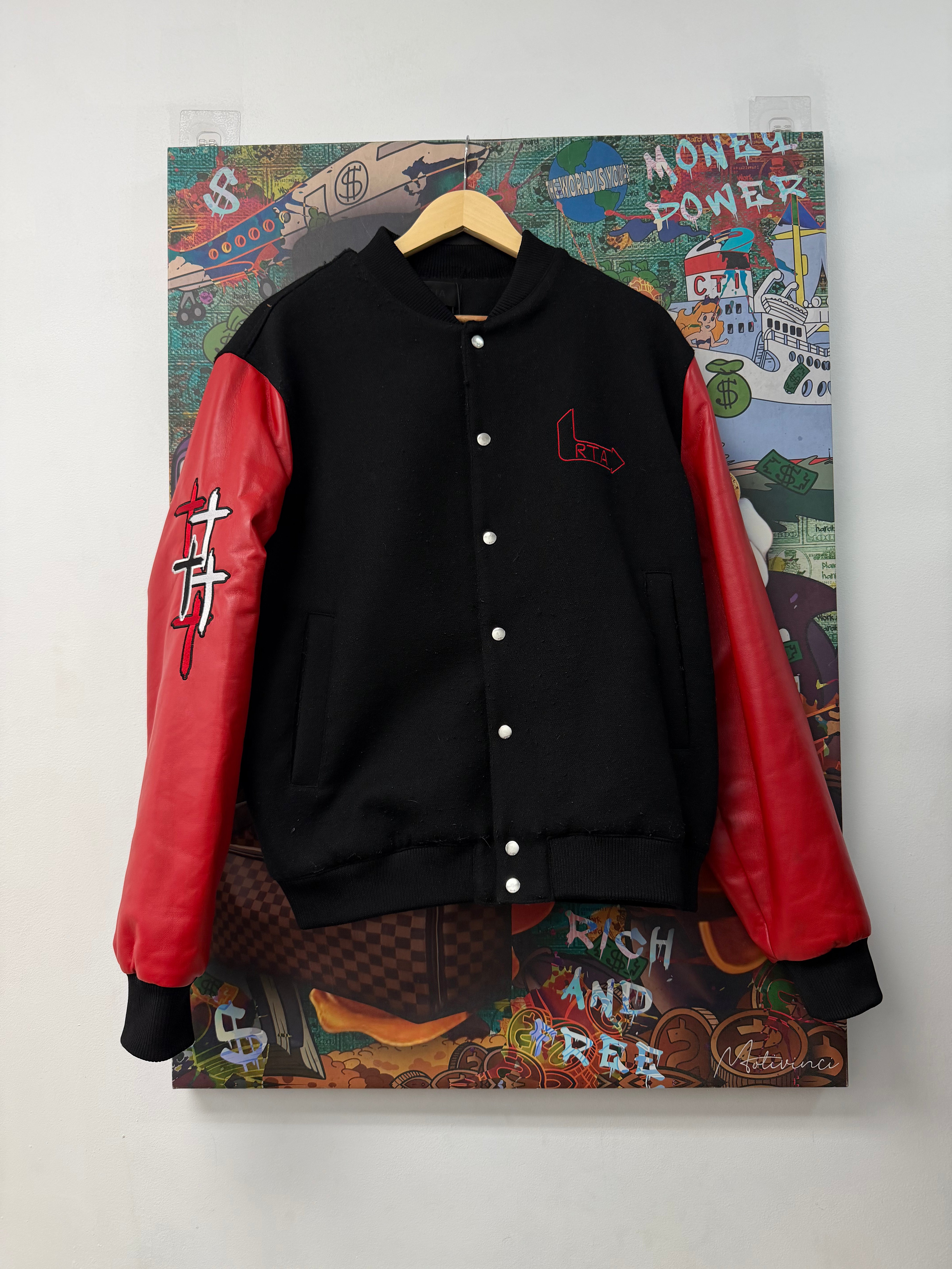 RTA Black Red Flames Varsity Jacket