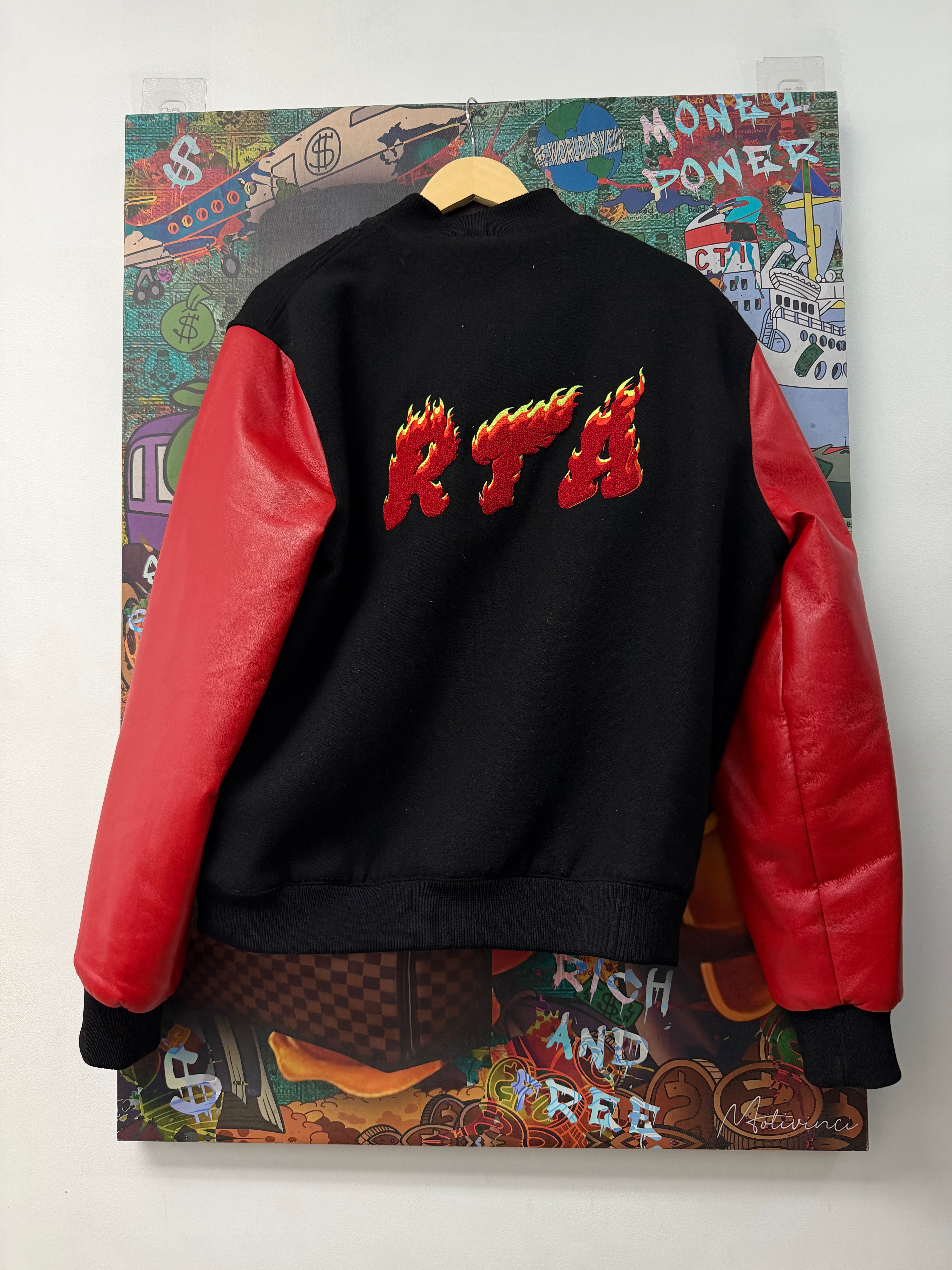 RTA Black Red Flames Varsity Jacket