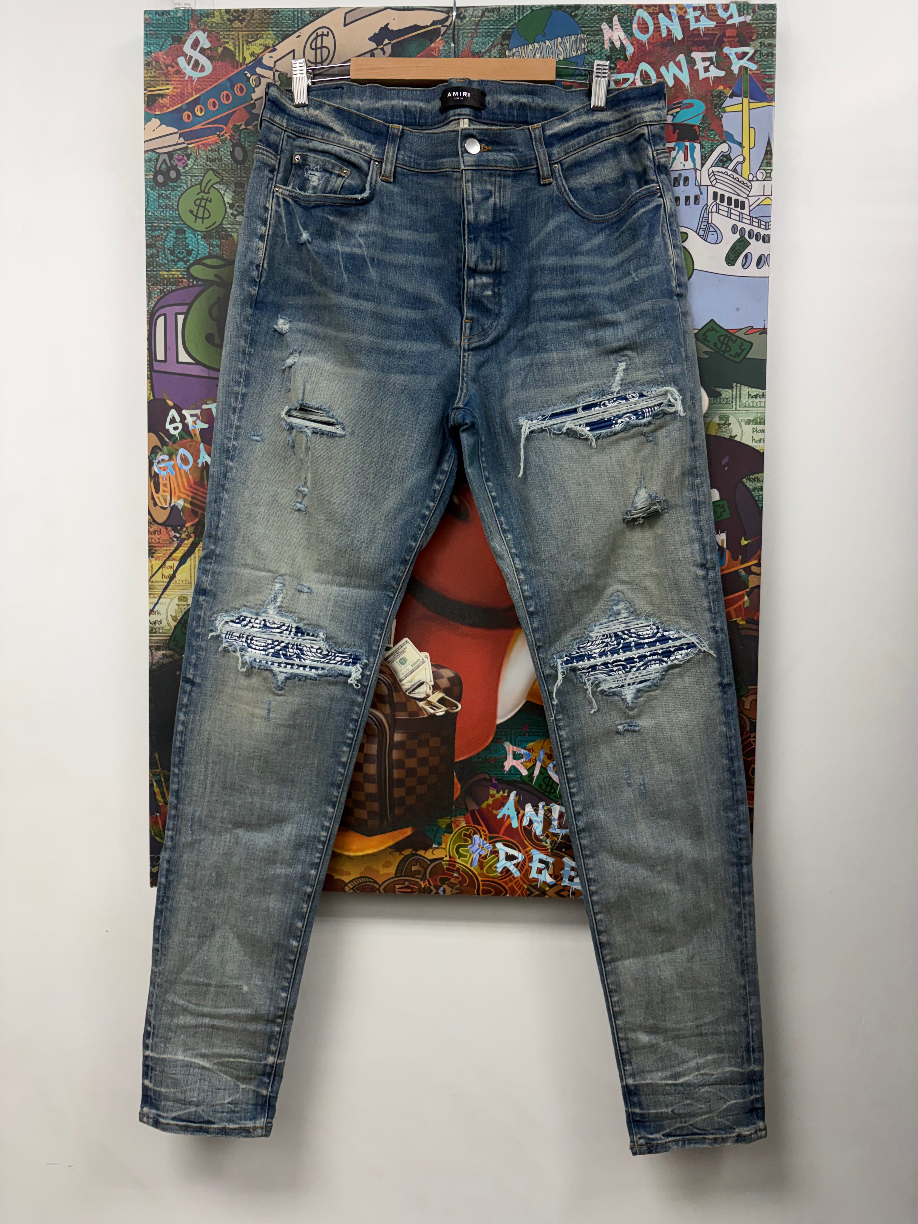 Amiri MX1 Light Wash Blue Paisley Patch Jeans
