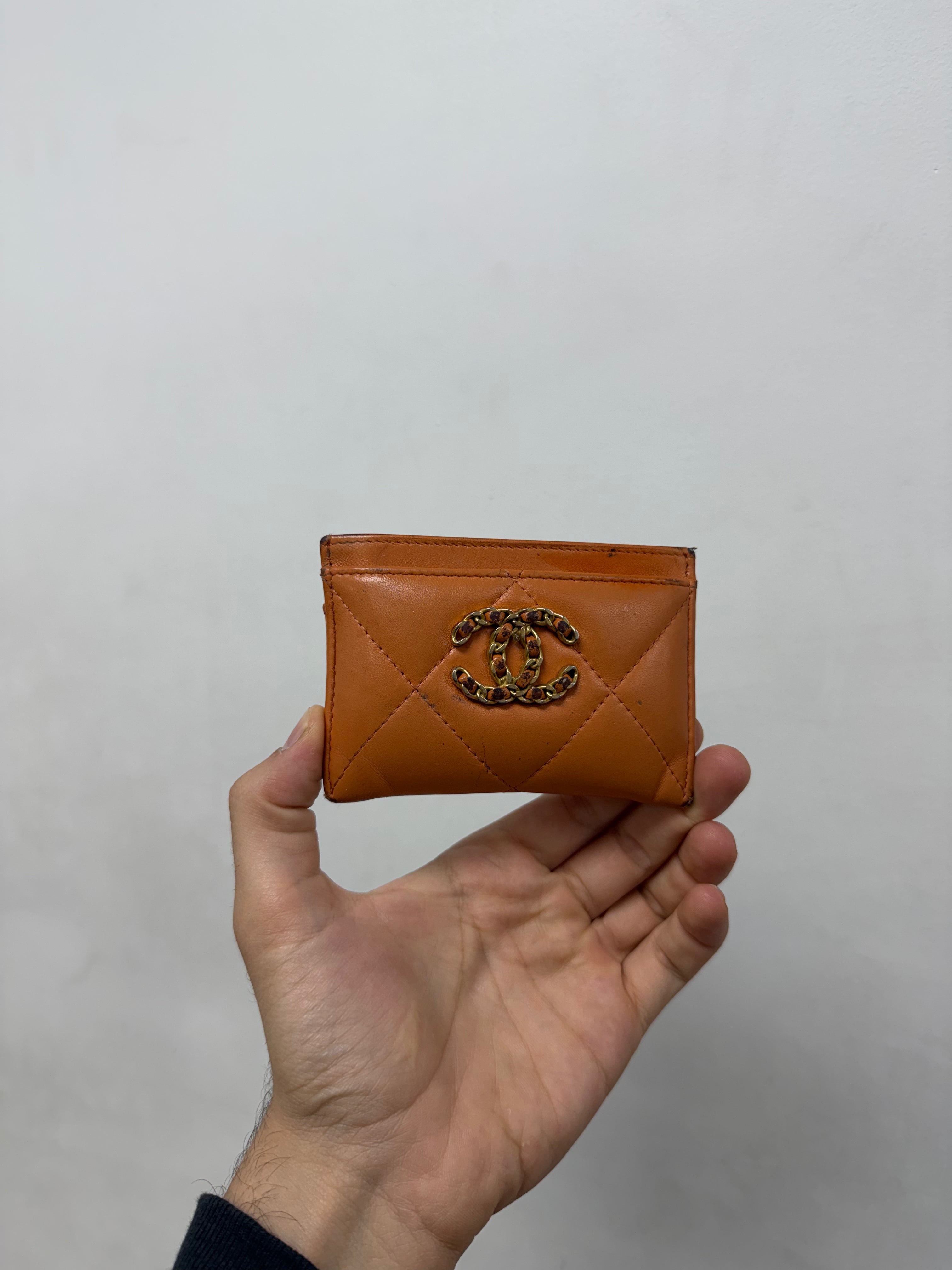 Chanel Orange Lambskin Quilted Card Wallet