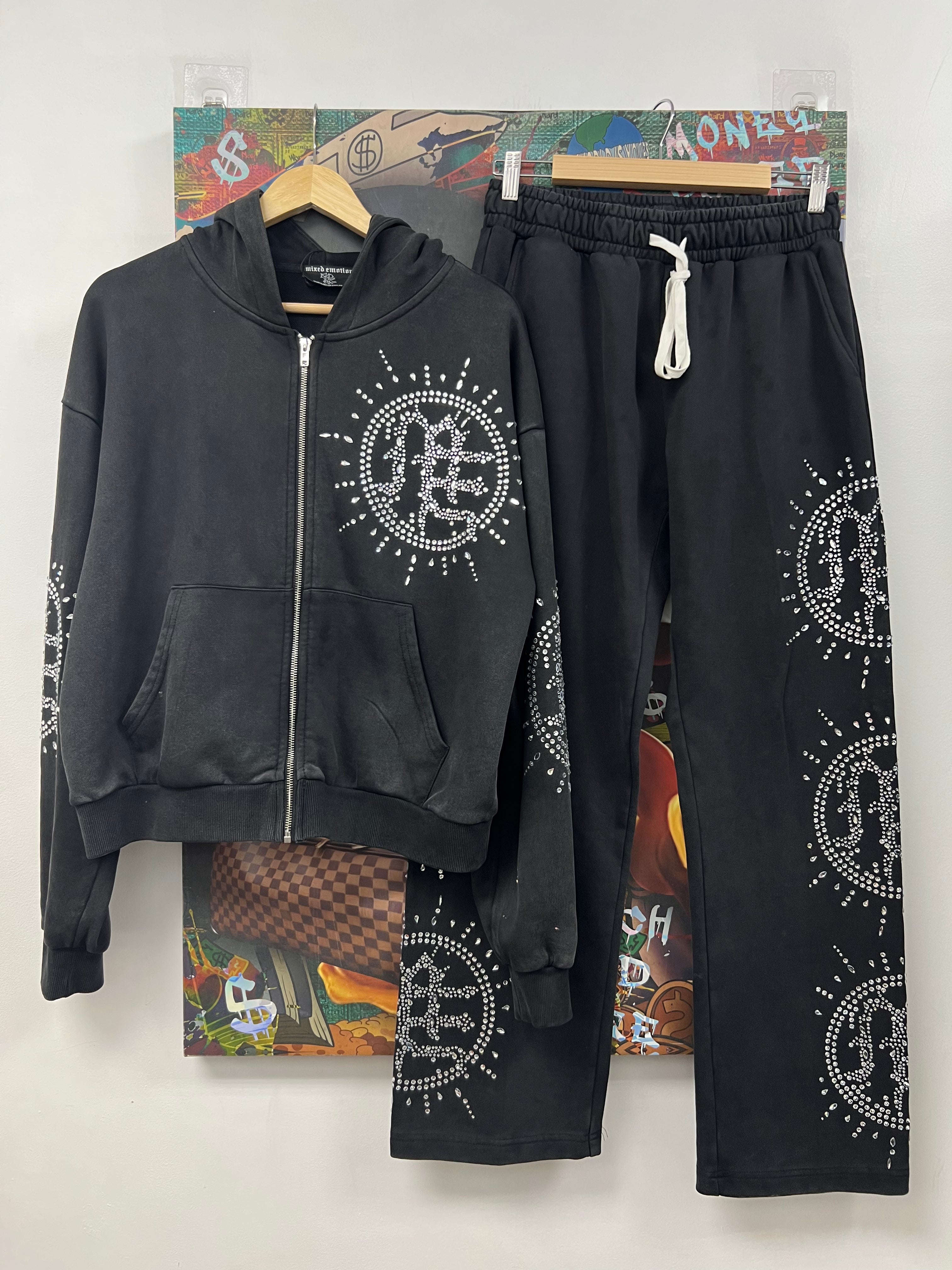 Mixed Emotions Black Wash ME Rhinestone (Minor Stains Throughout) Sweatsuit