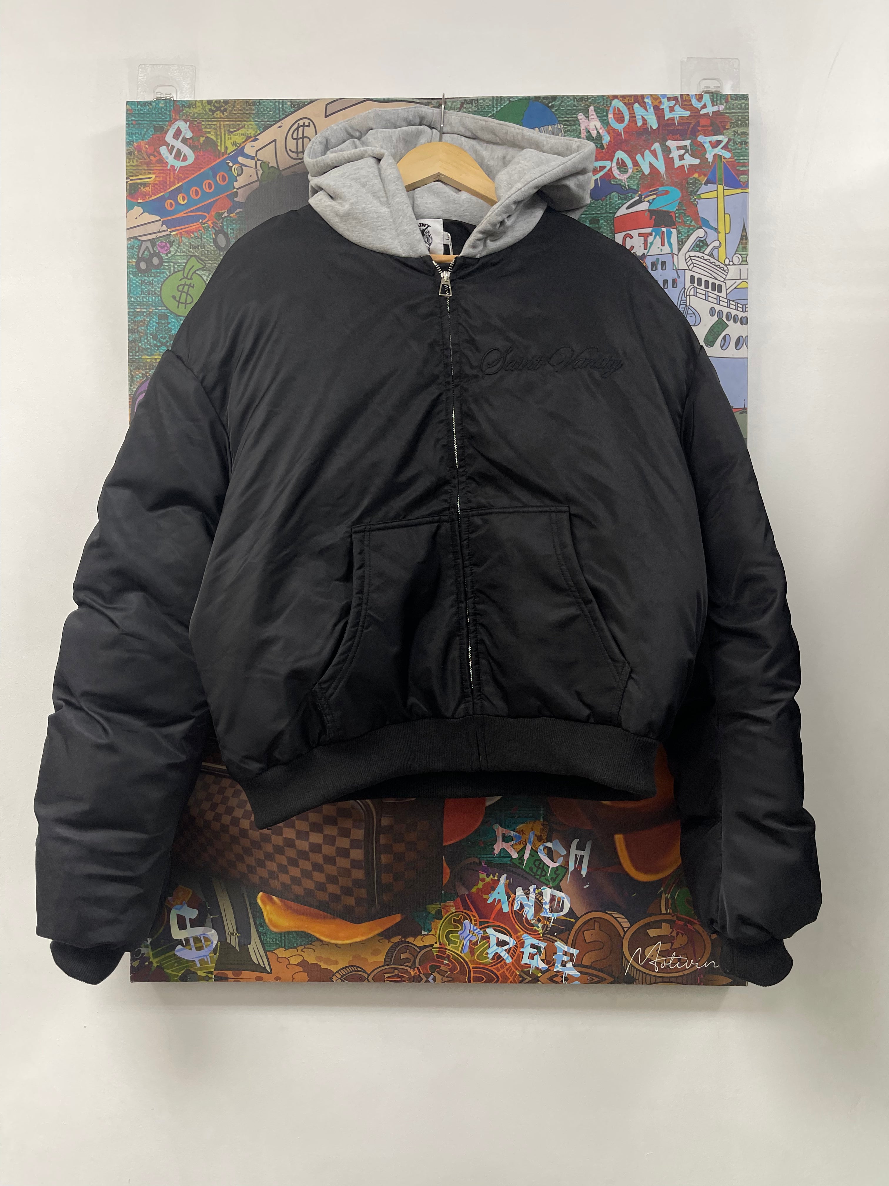Saint Vanity Black Nylon Grey Hood Bomber Jacket