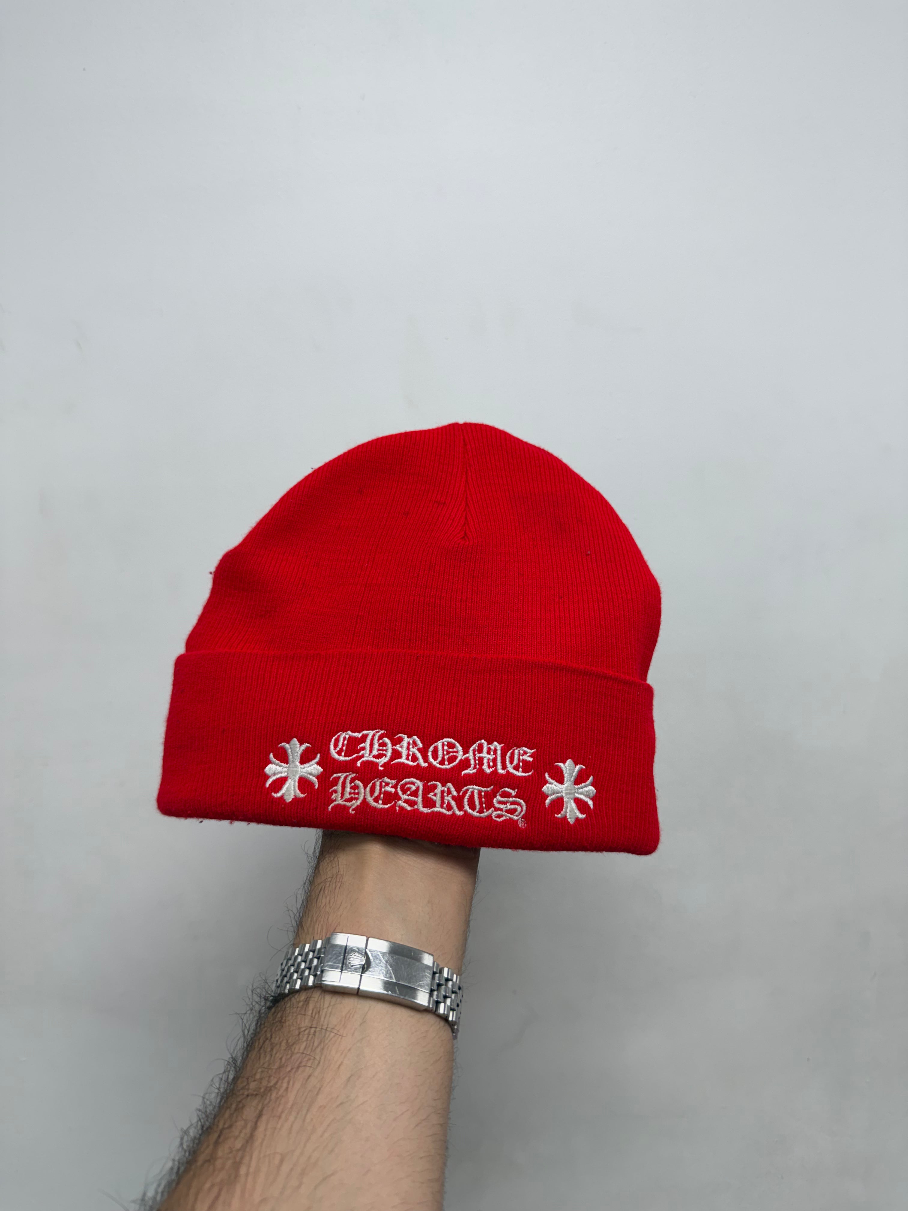 Chrome Hearts Red White Plus Logo Beanie