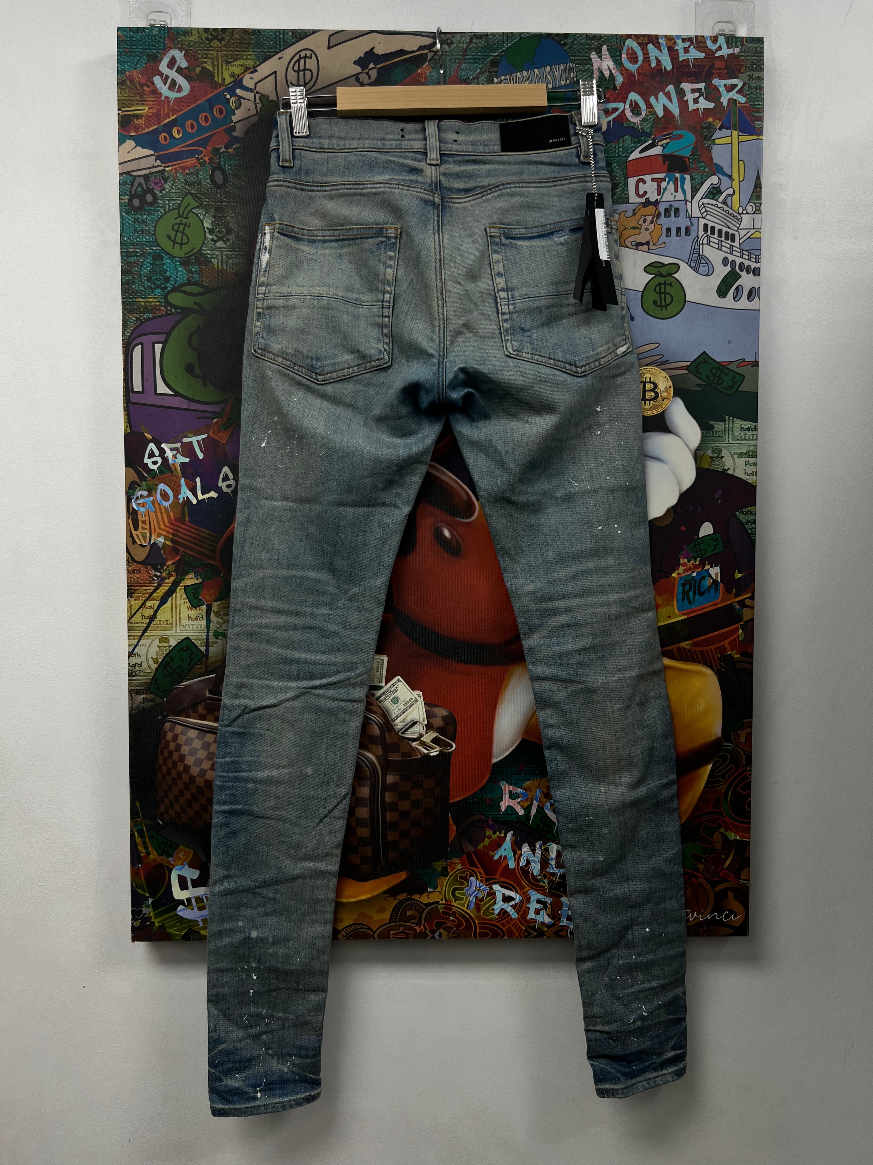 Amiri MX1 Light Wash Green Plaid Patch Jeans