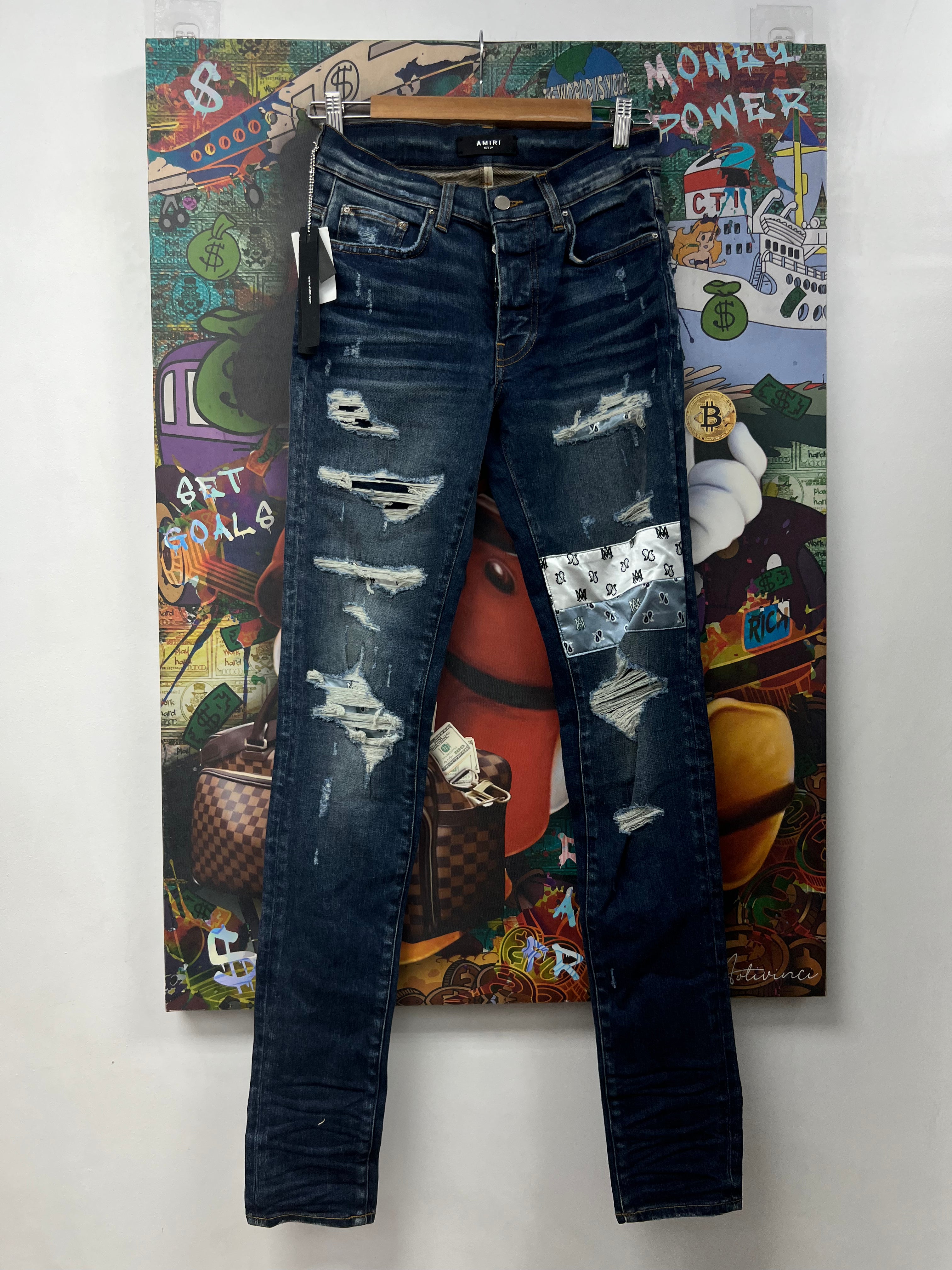 Amiri Deep Classic Blue Satin Paisley Patchwork Jeans