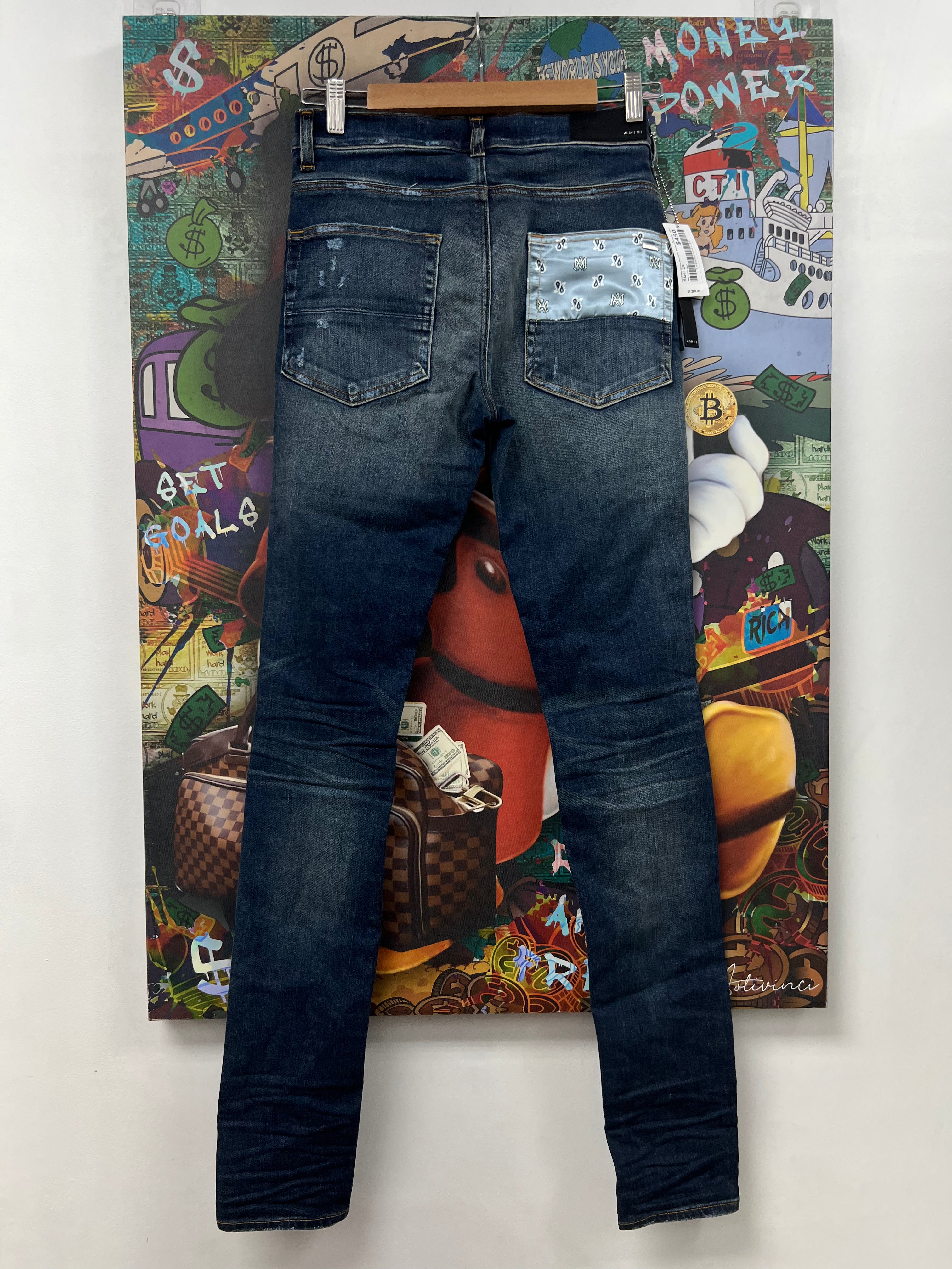 Amiri Deep Classic Blue Satin Paisley Patchwork Jeans