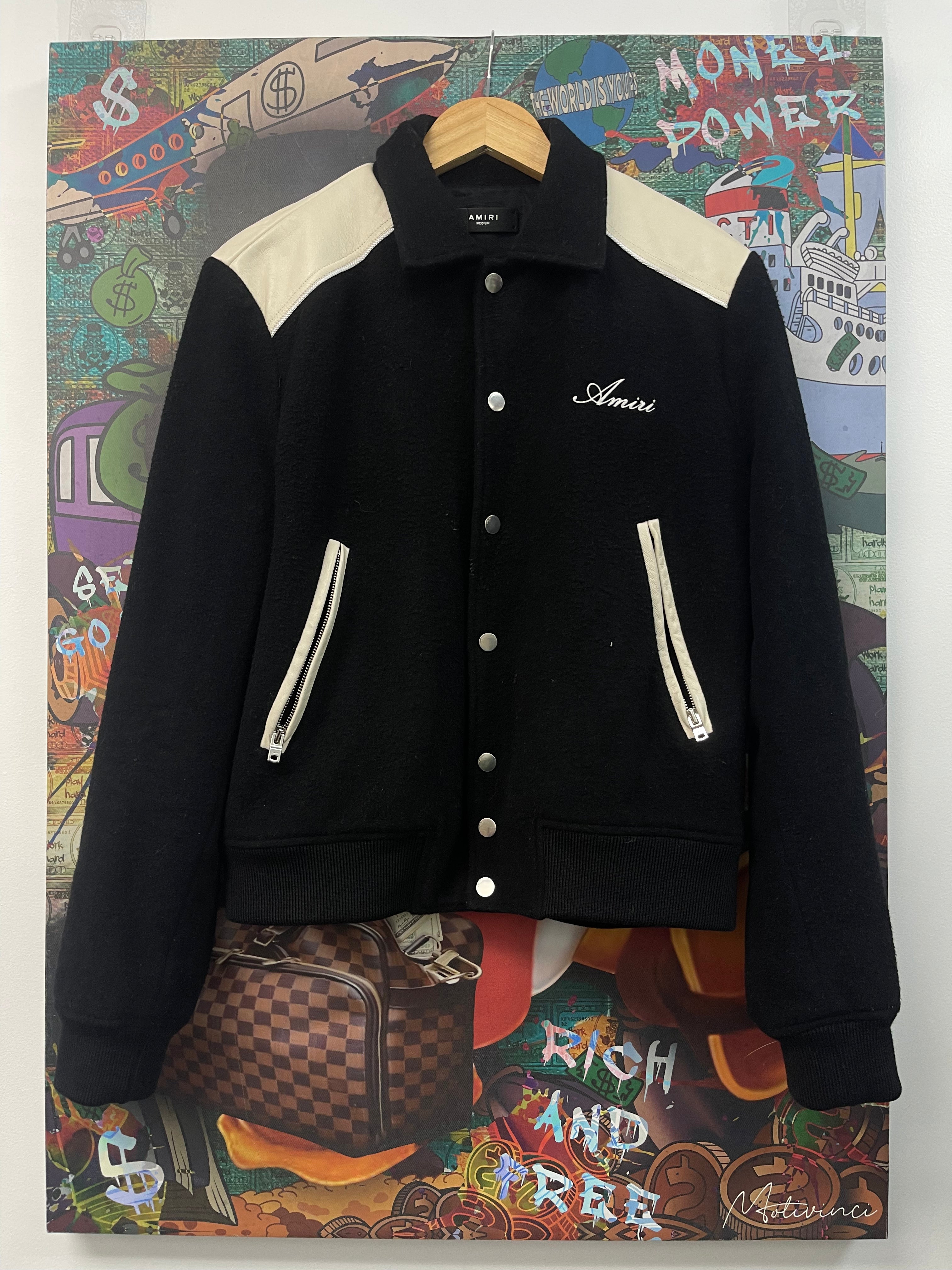 Amiri Black Cream Leather Varsity Jacket