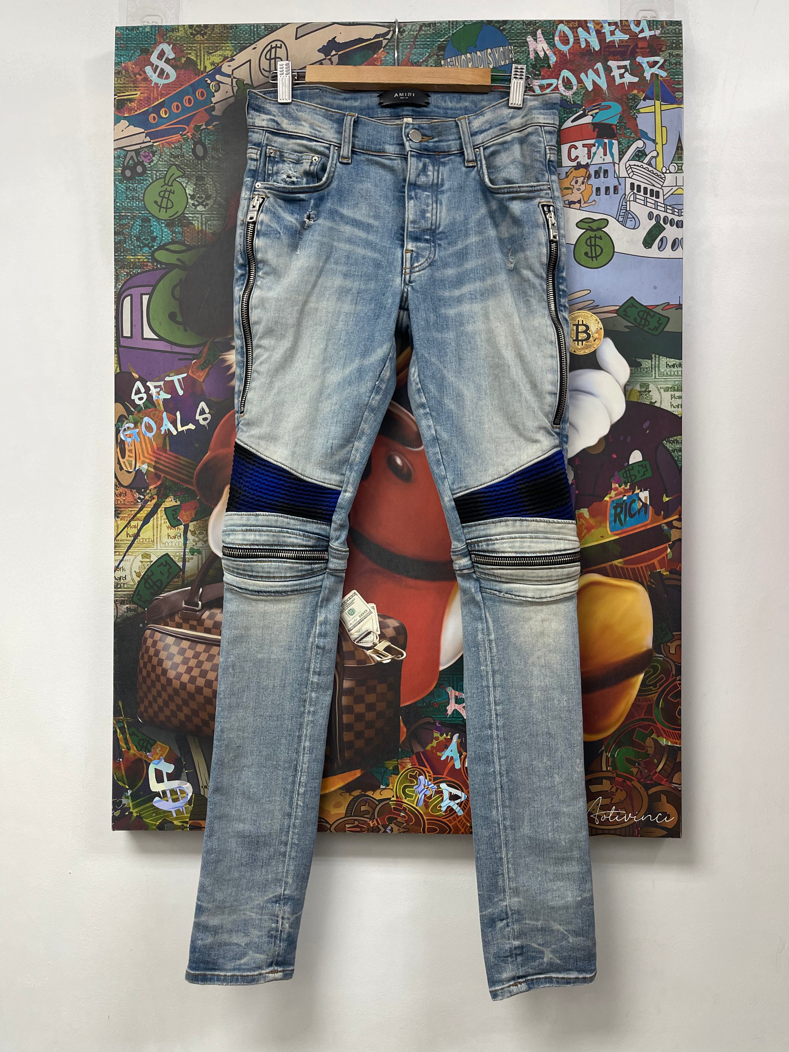Amiri MX2 Light Wash Blue Black Plaid Patch Jeans
