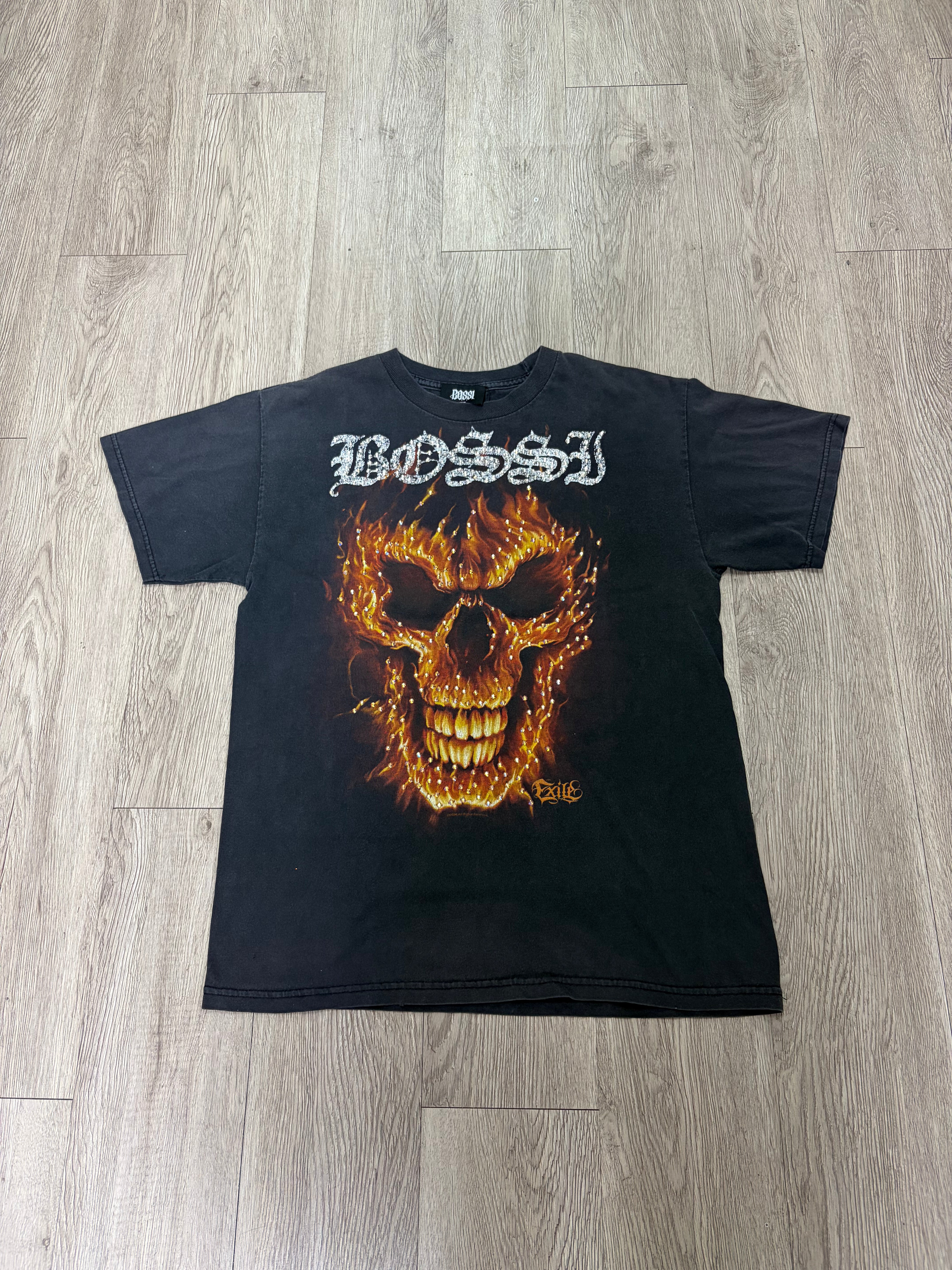 Bossi Exile Flames Skull Rhinestone Tee