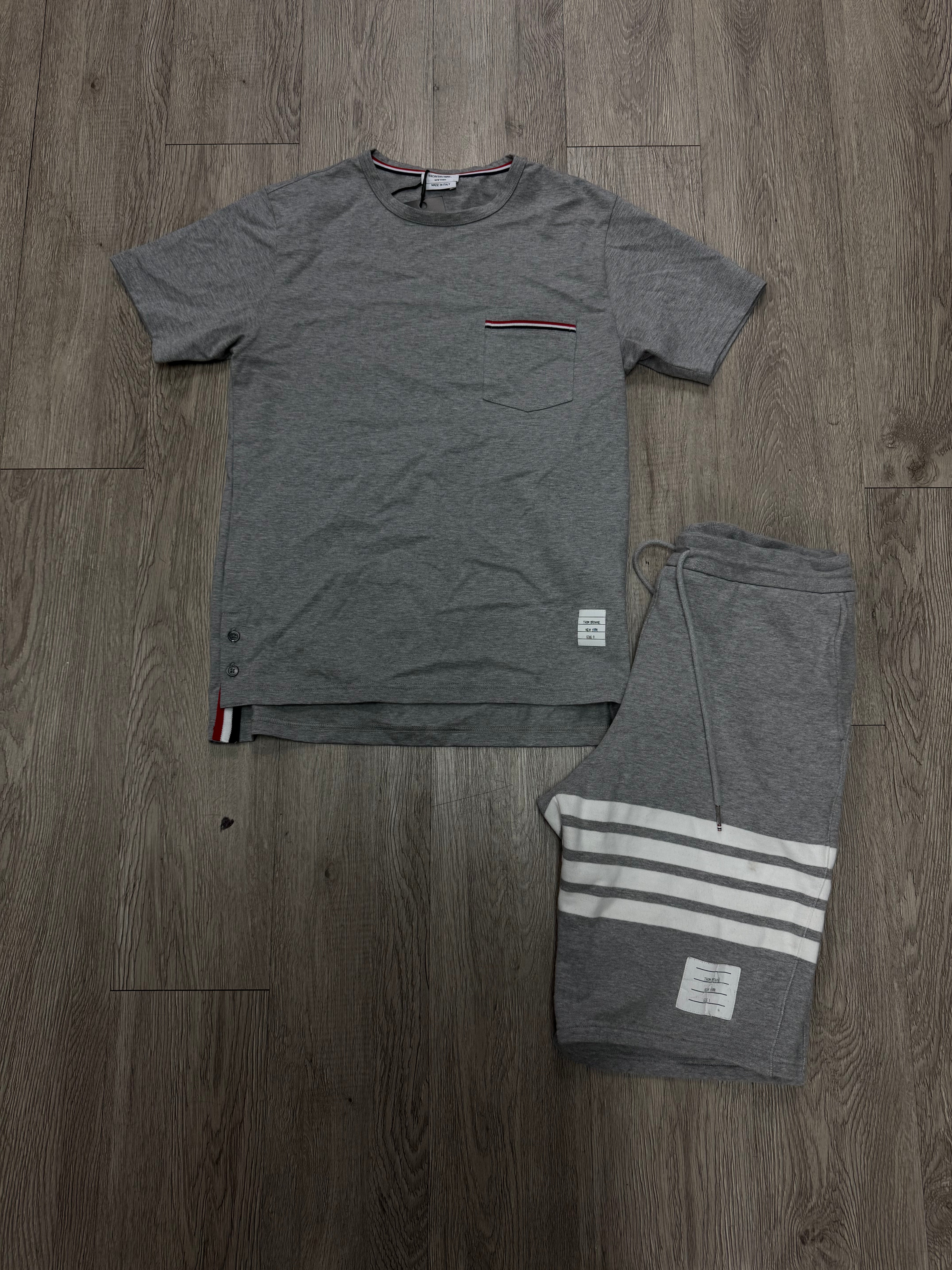 Thom Browne Grey White 4 Bar Shirt & Shorts Set