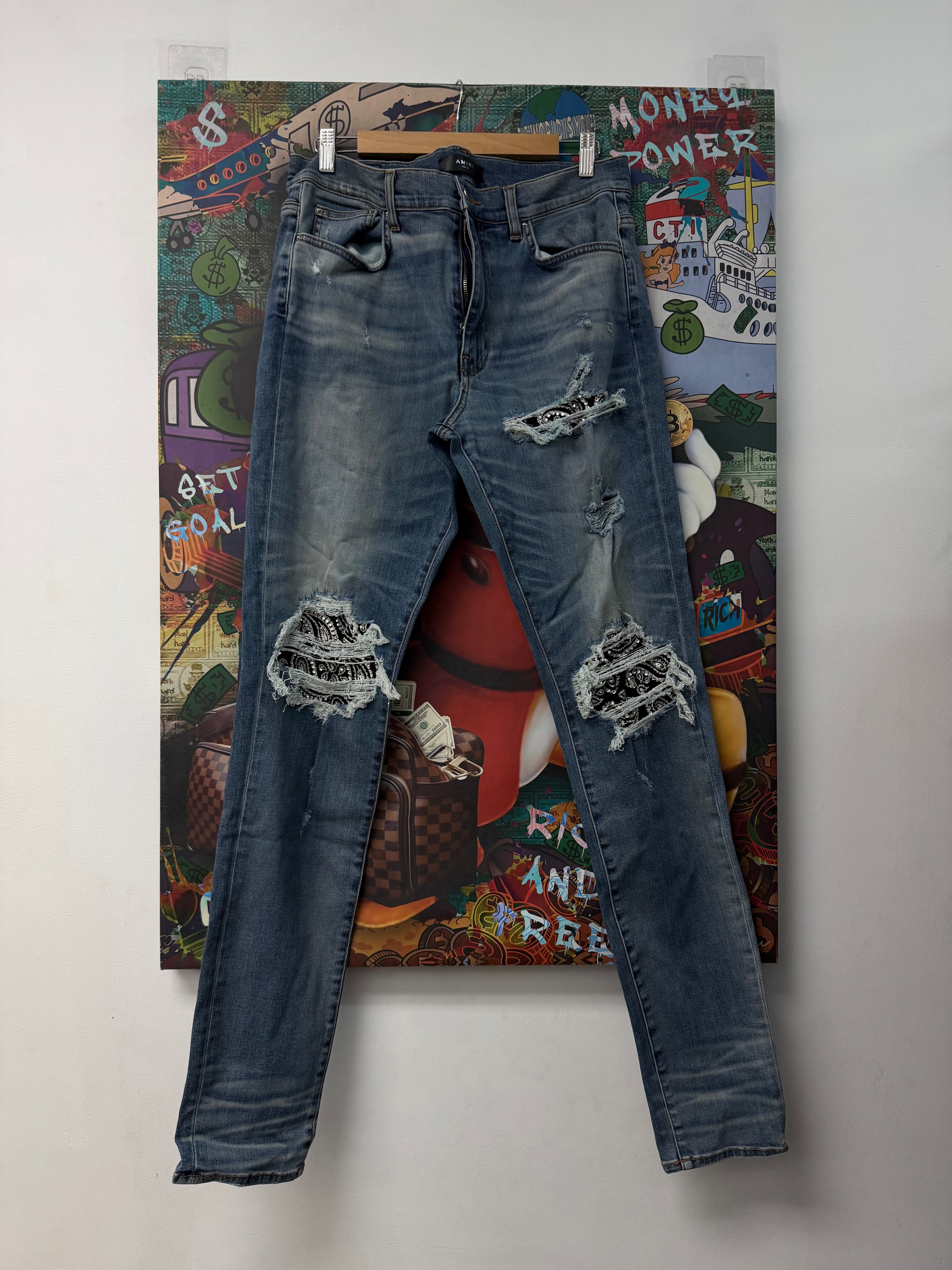 Amiri Light Wash Crystal Paisley Patch MX1 Jeans