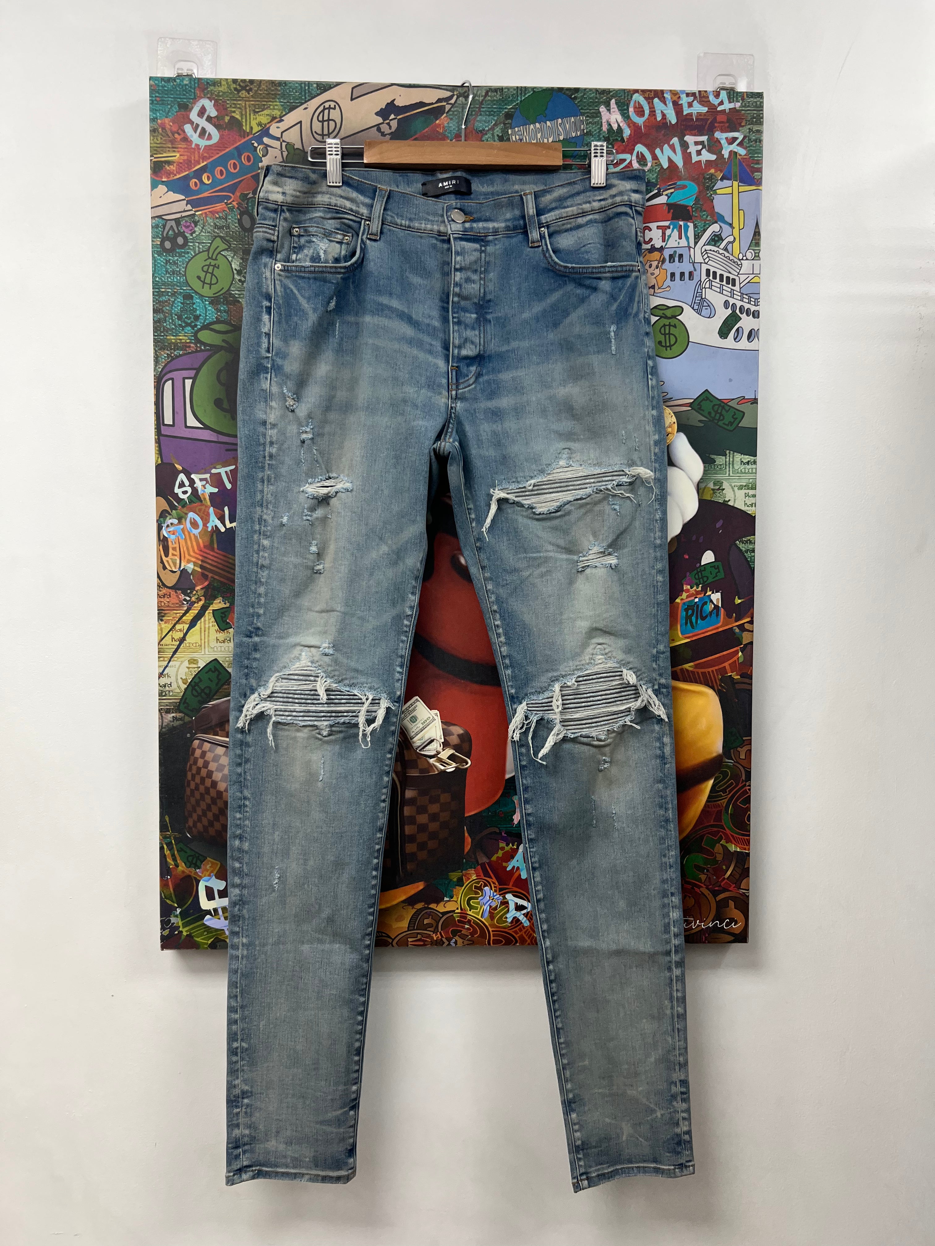 Amiri MX1 Light Wash Denim Paisley Patch Jeans