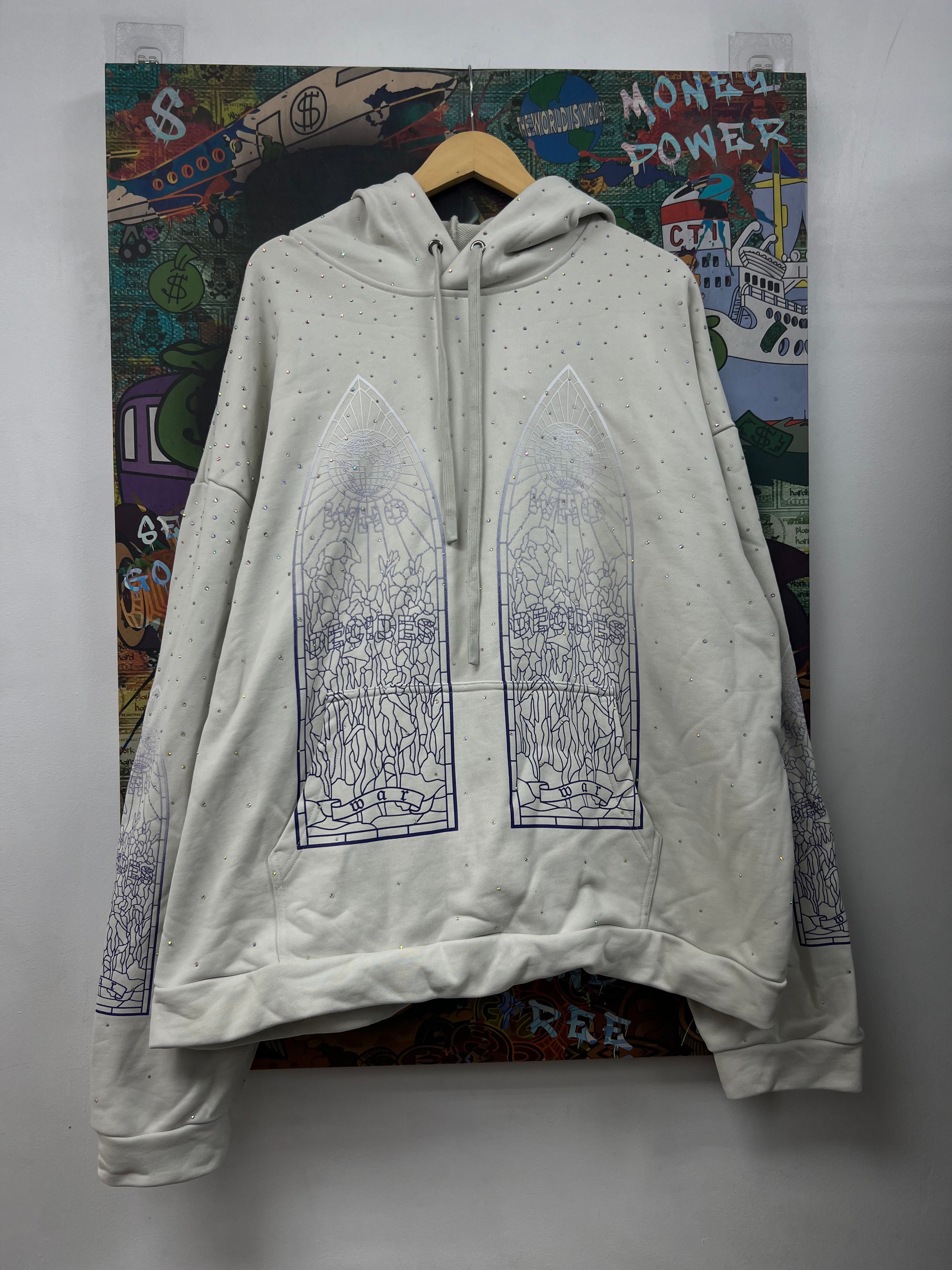 Who Decides War White Stained Glass Rhinestone Hoodie