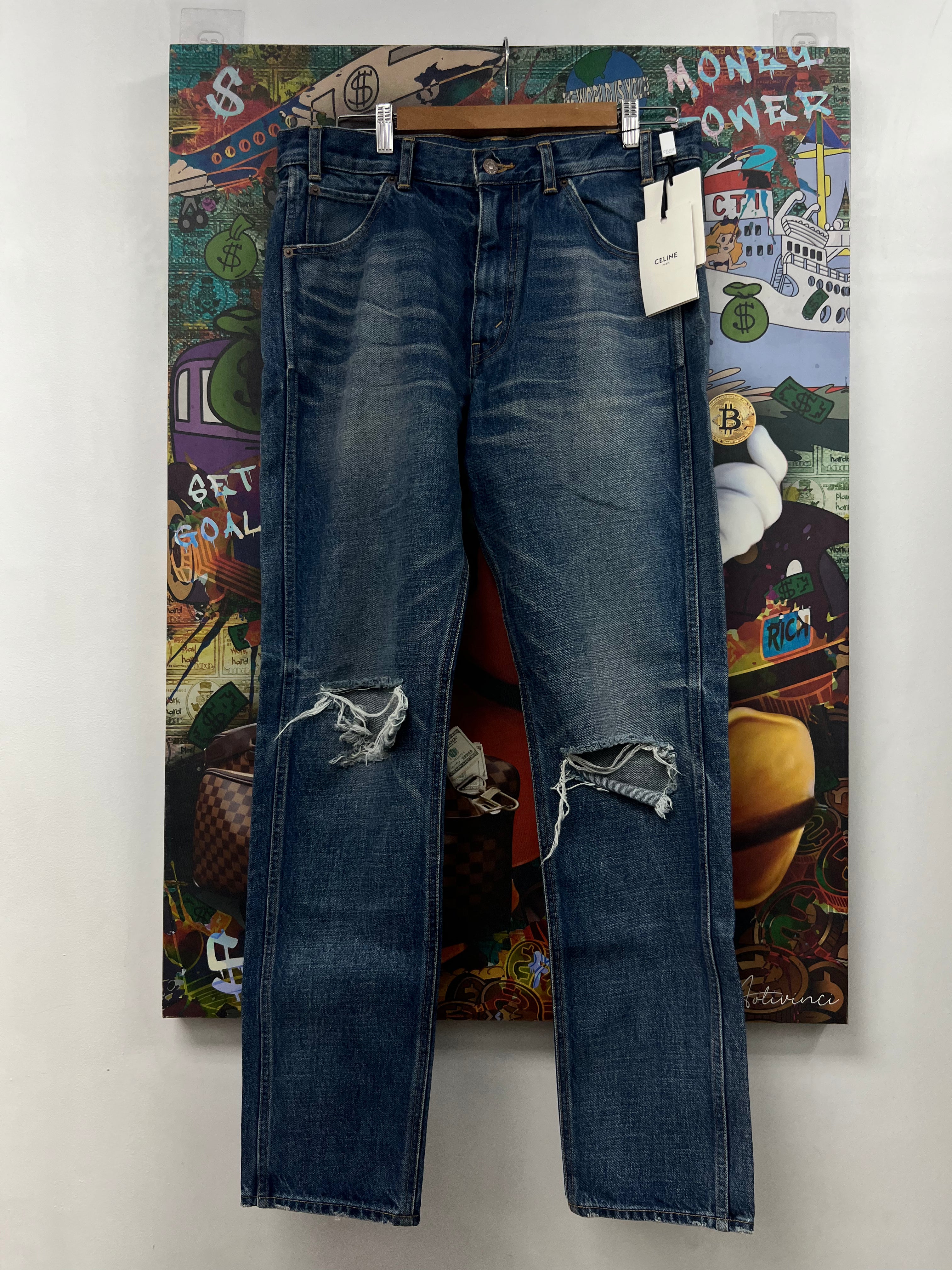 Celine Dark Wash Knee Ripped Straight Leg Jeans
