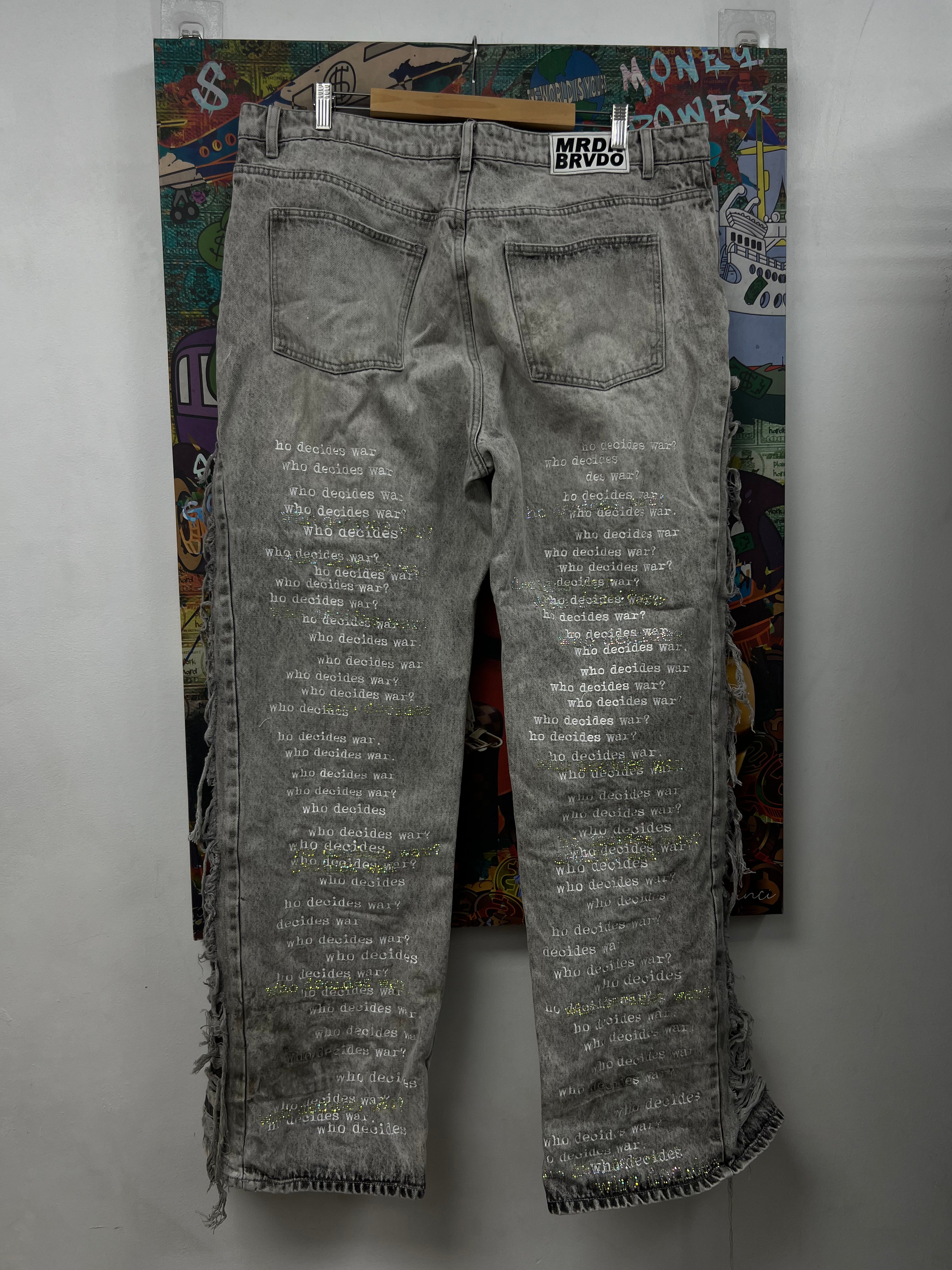 Who Decides War Grey Scripture Rhinestone Jeans