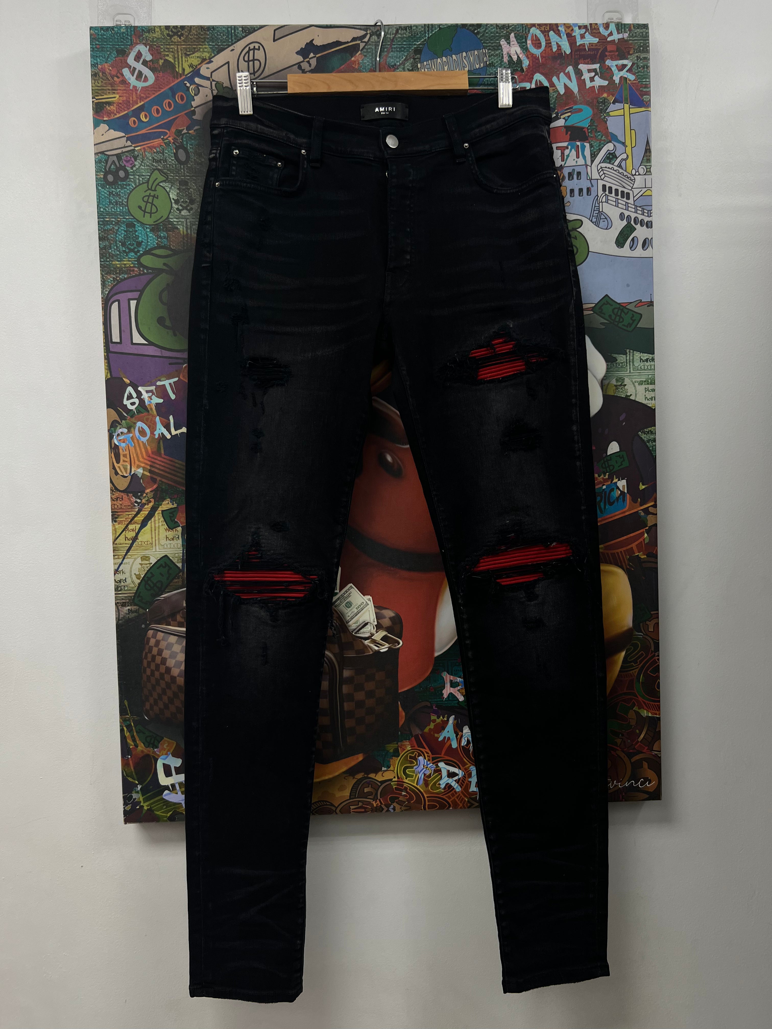 Amiri MX1 Black Wash Red Suede Patch Jeans