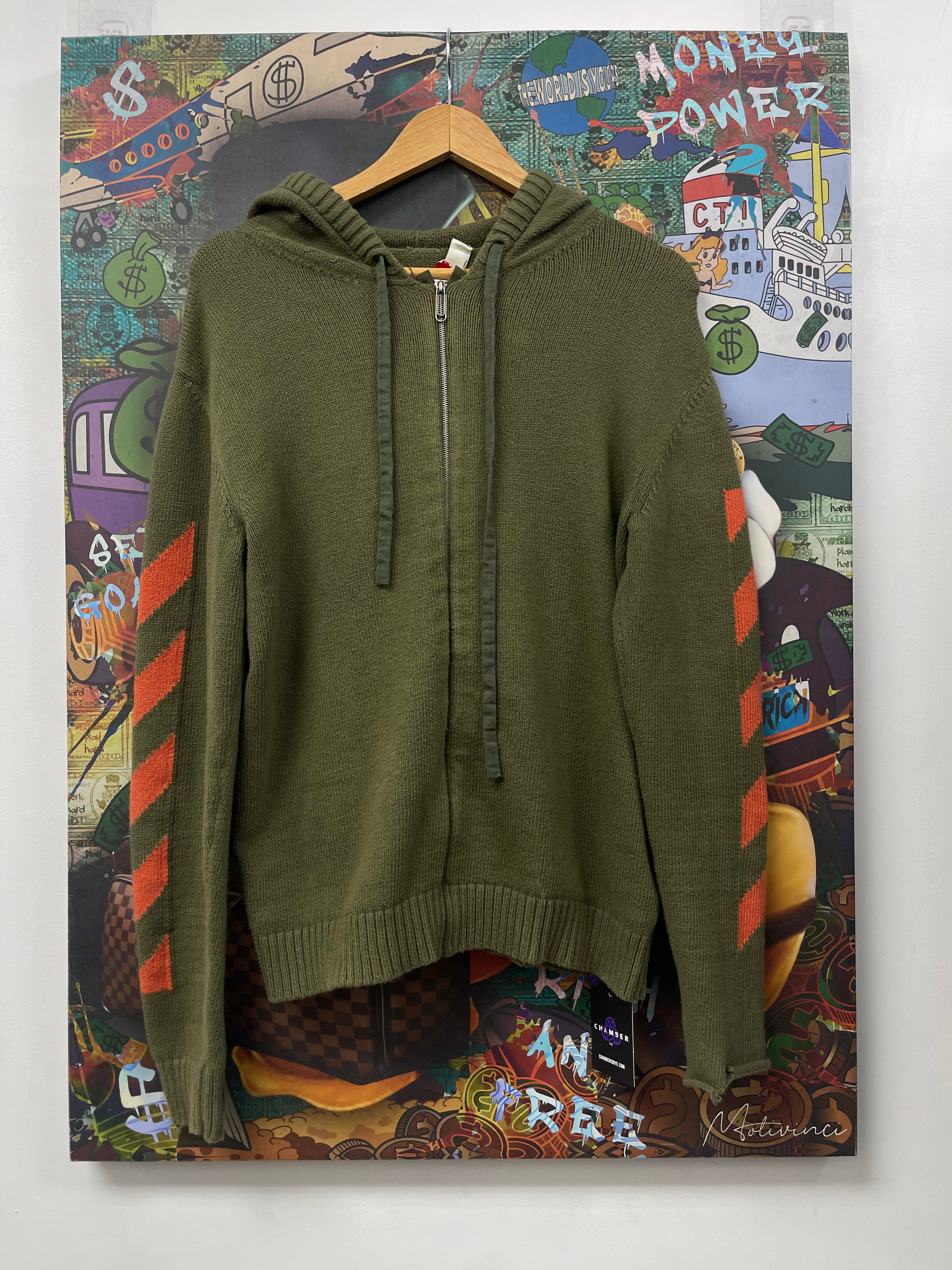 Off White Olive Orange Knitted Zip Up Hoodie