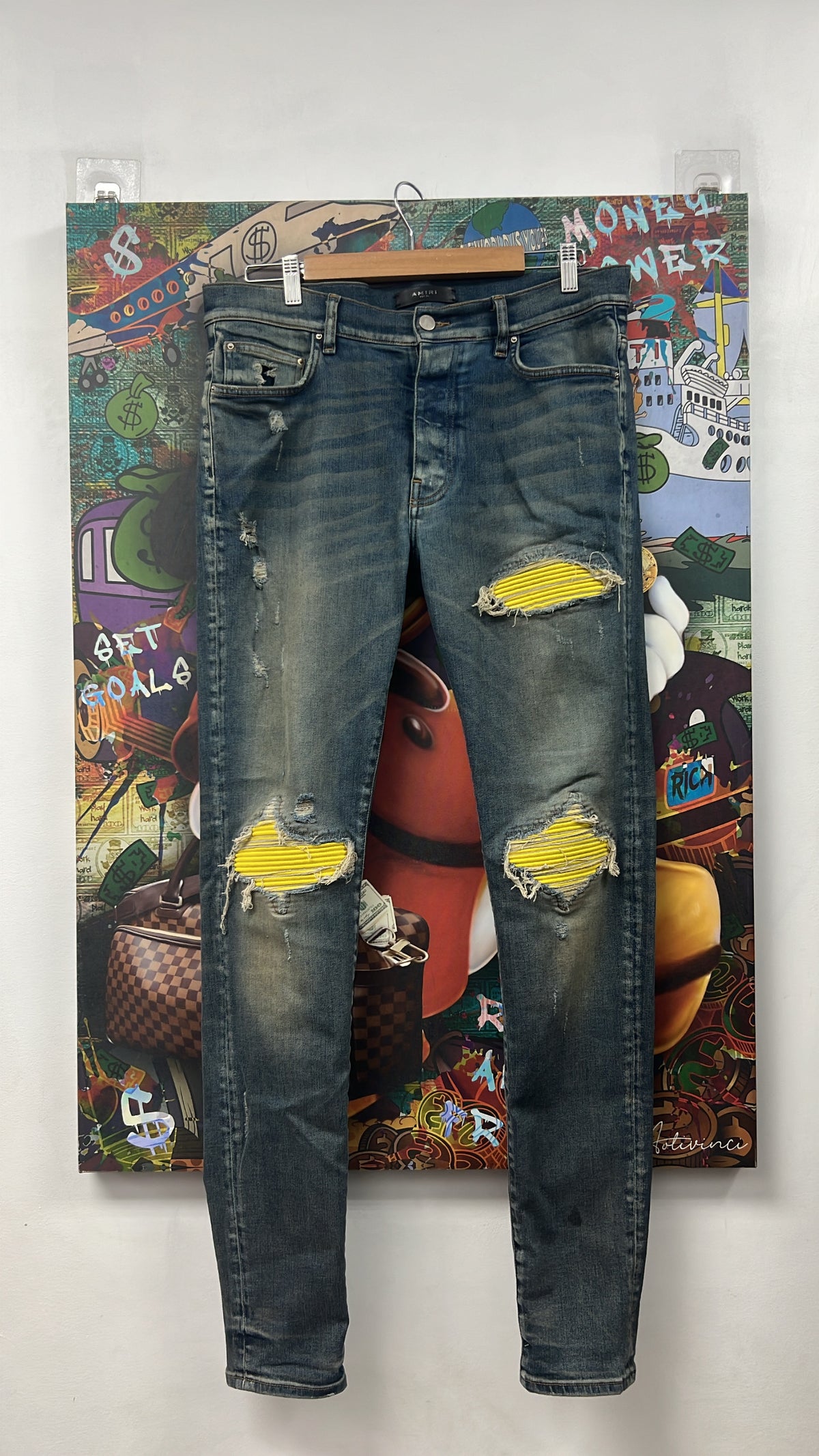 Amiri MX1 Deep Indigo Yellow Suede Patch Jeans