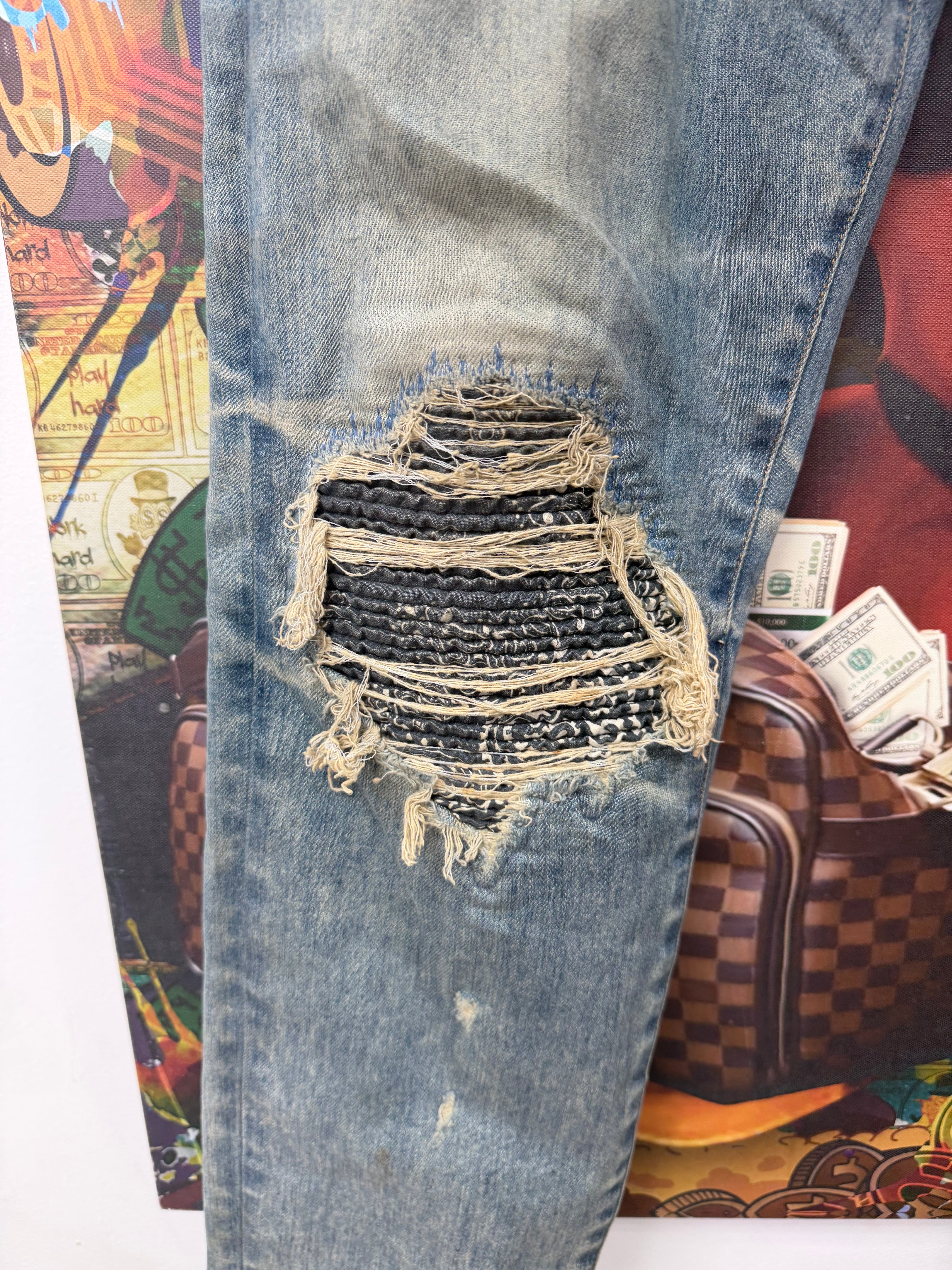 Amiri MX1 Aged Wash Black Bandana (Zipper) Patch Jeans