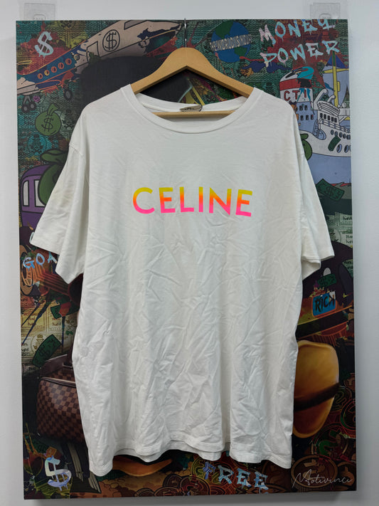 Celine White Pink Yellow Spellout Logo Tee