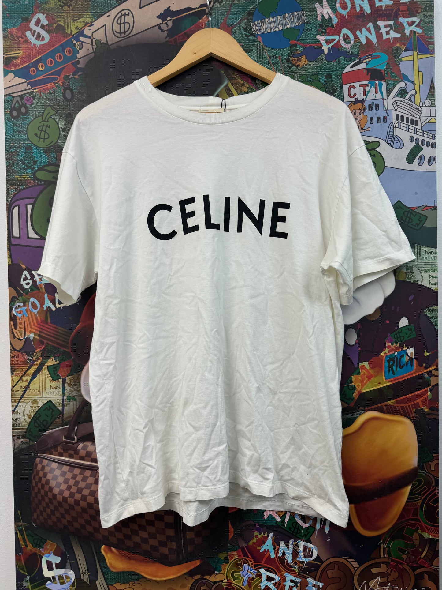 Celine White Black Spellout Logo Tee