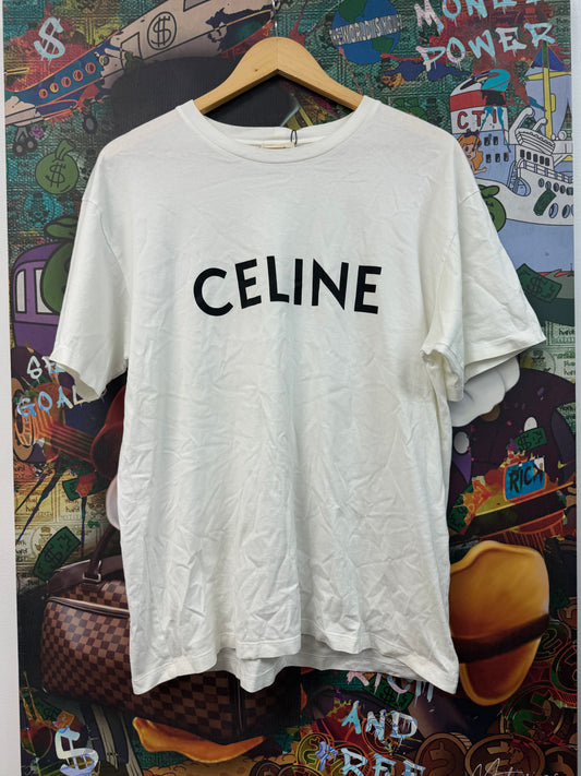 Celine White Black Spellout Logo Tee