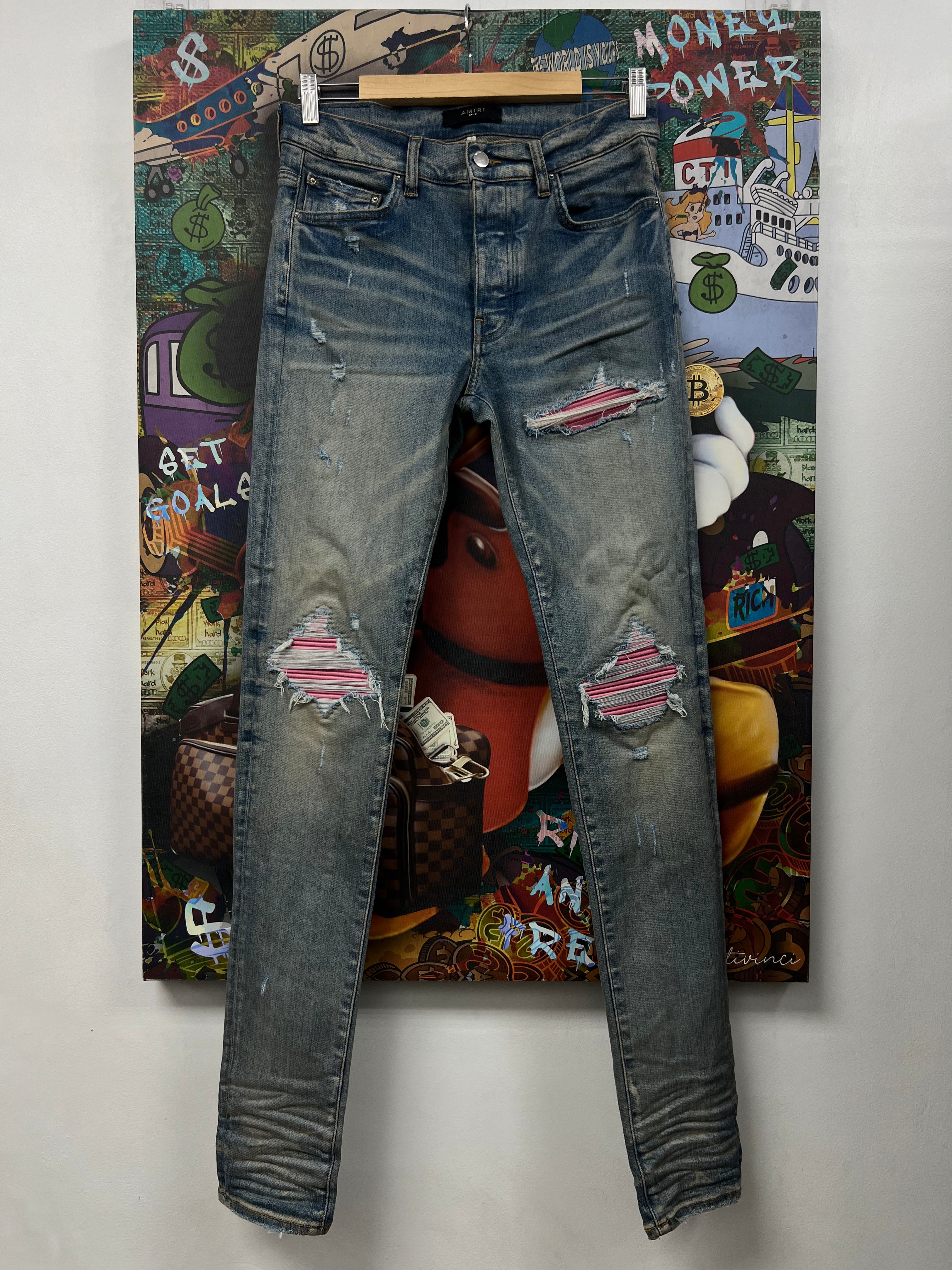 Amiri MX1 Light Wash Pink Patch Jeans