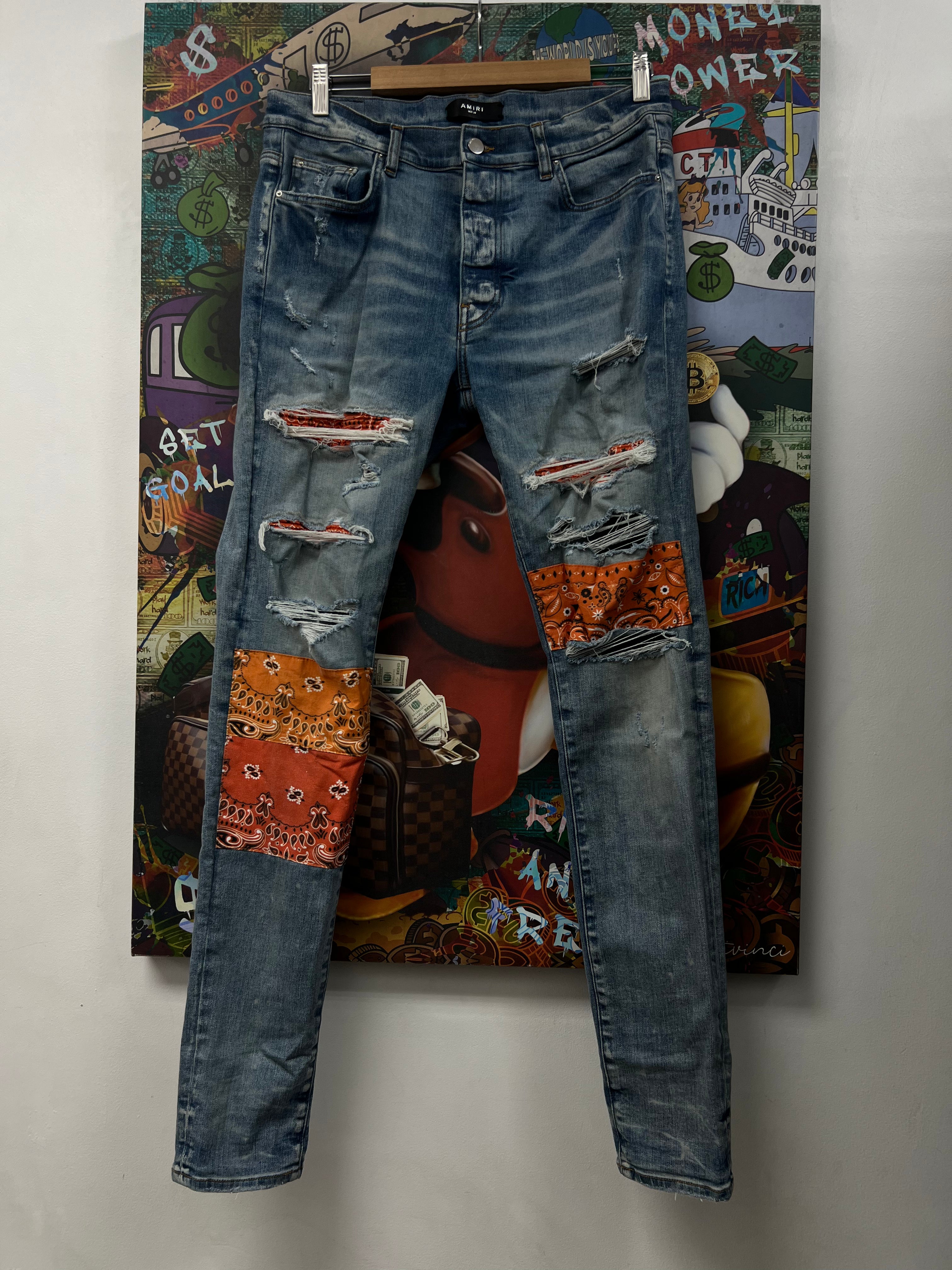 Amiri Light Wash Orange Paisley Patchwork Jeans