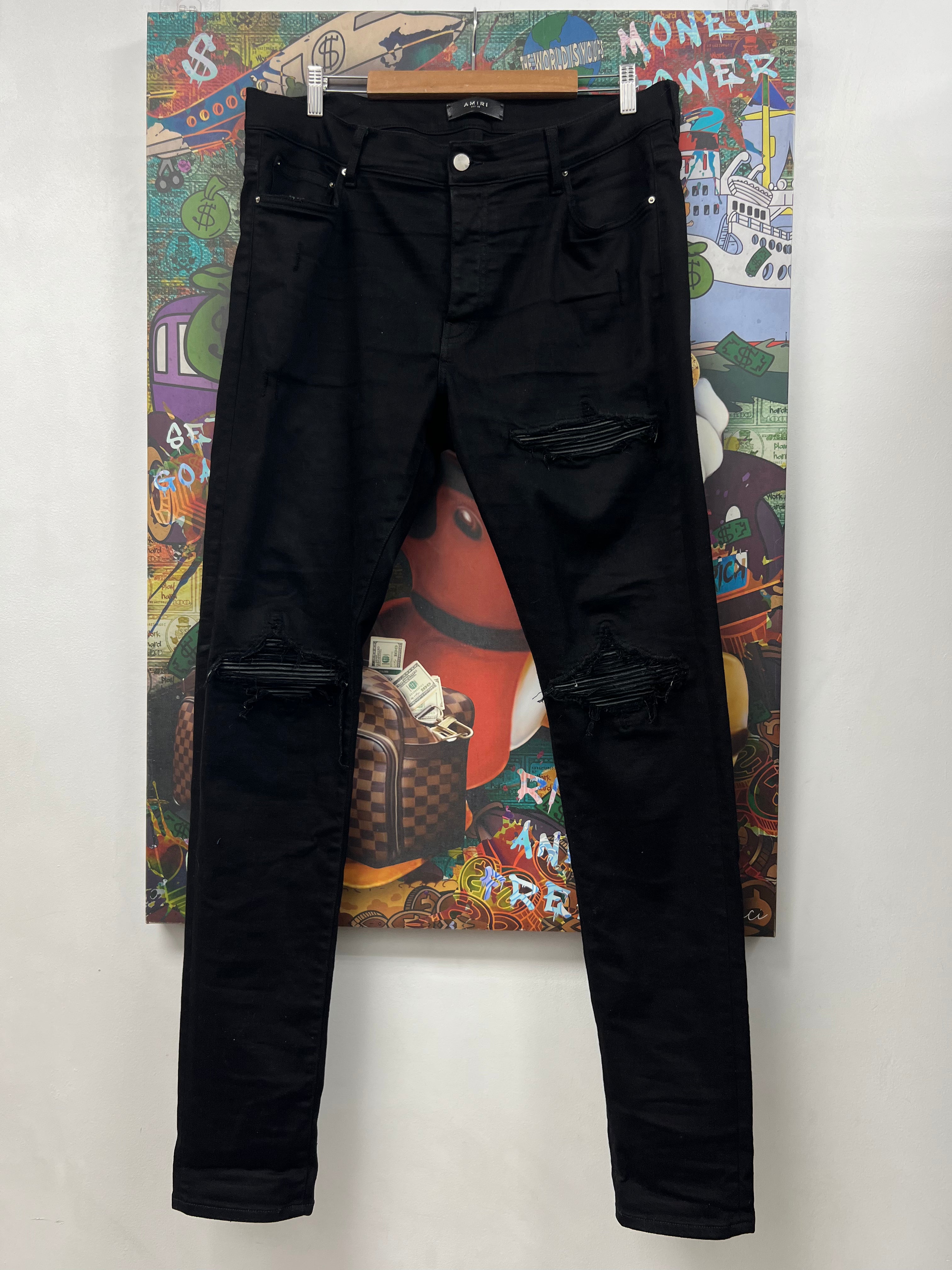 Amiri MX1 Black Leather Patch Jeans