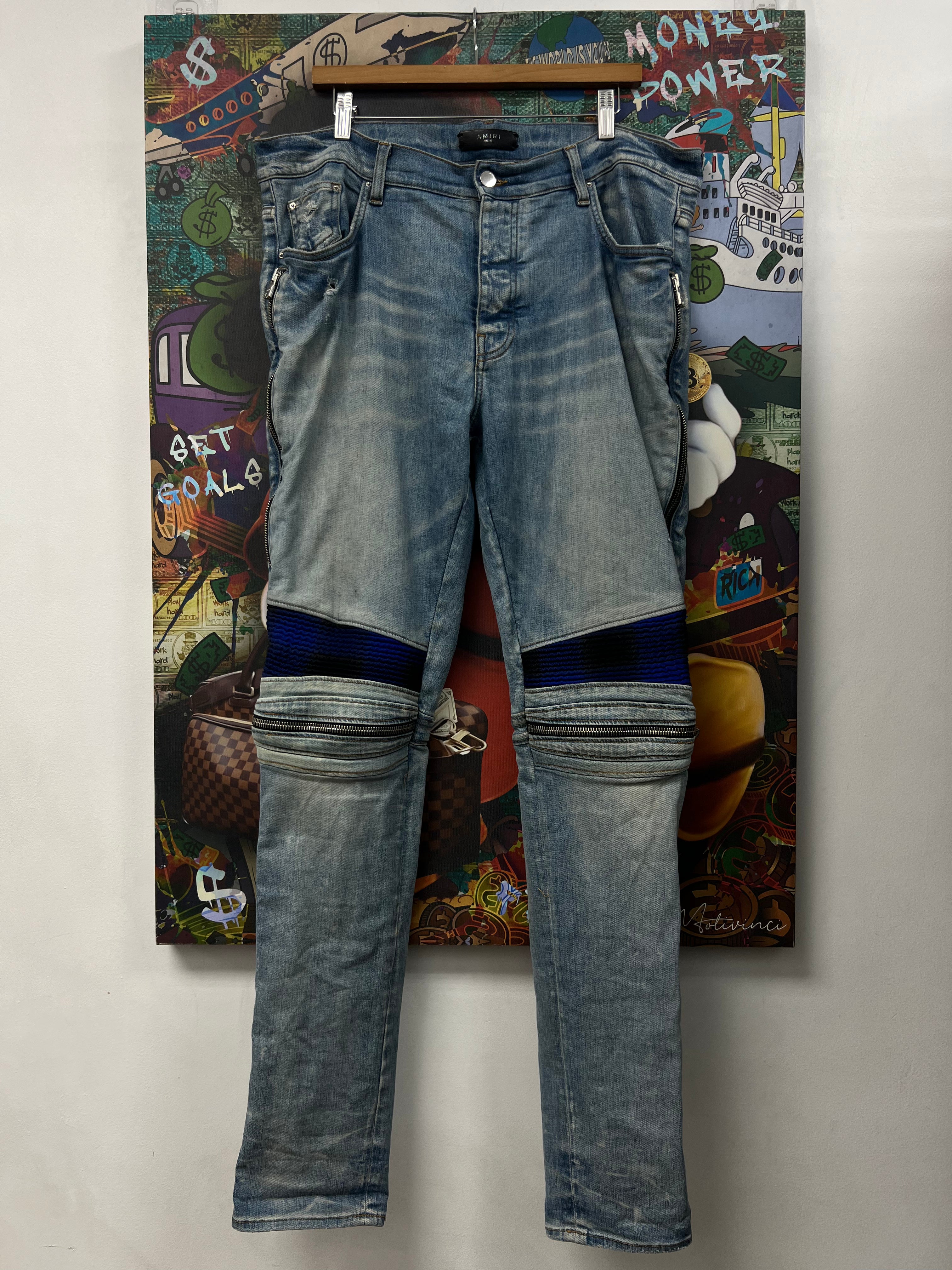 Amiri MX2 Light Wash Blue Plaid Patch Jeans