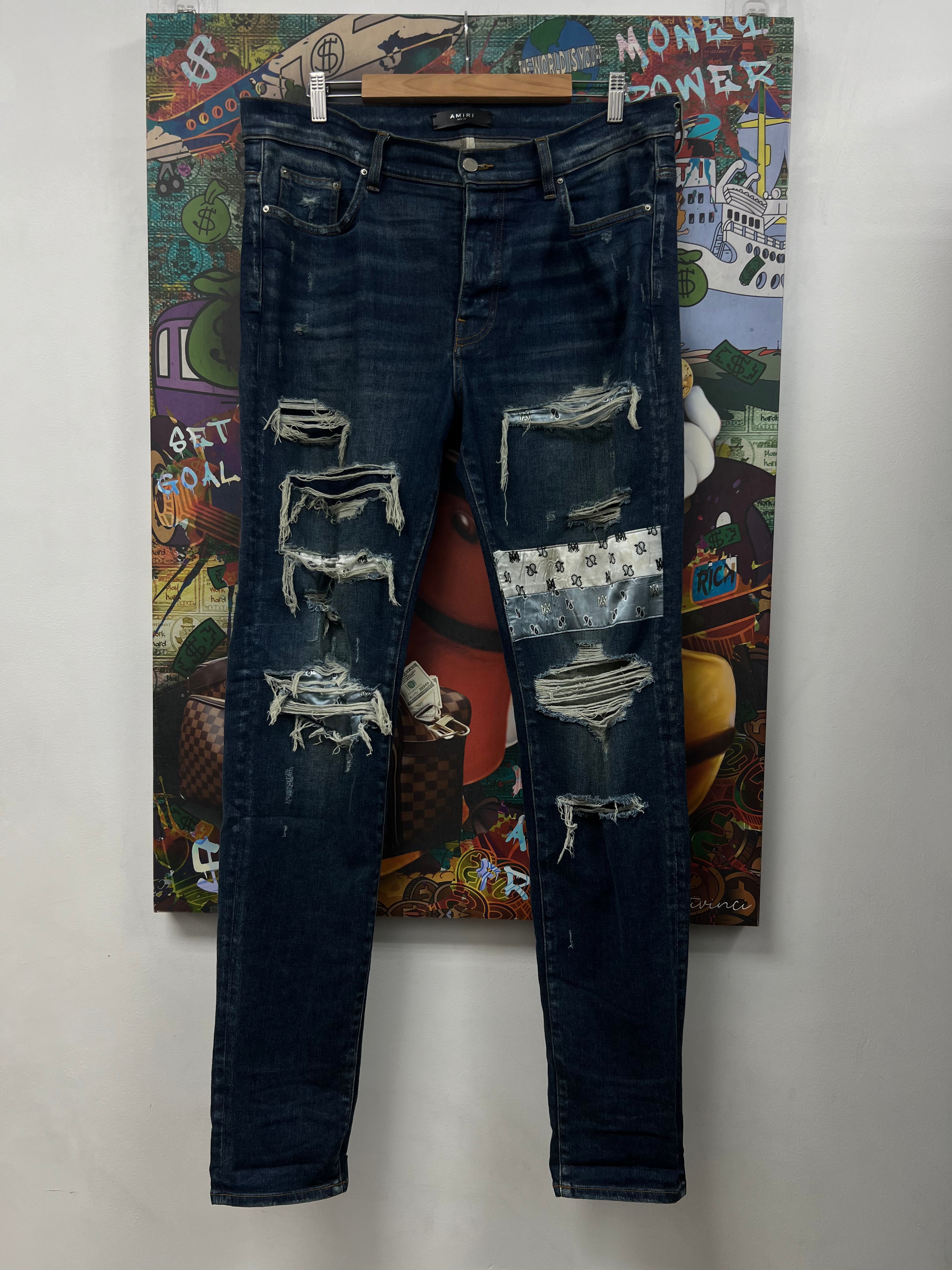Amiri Deep Classic Blue Satin Paisley Patchwork Jeans