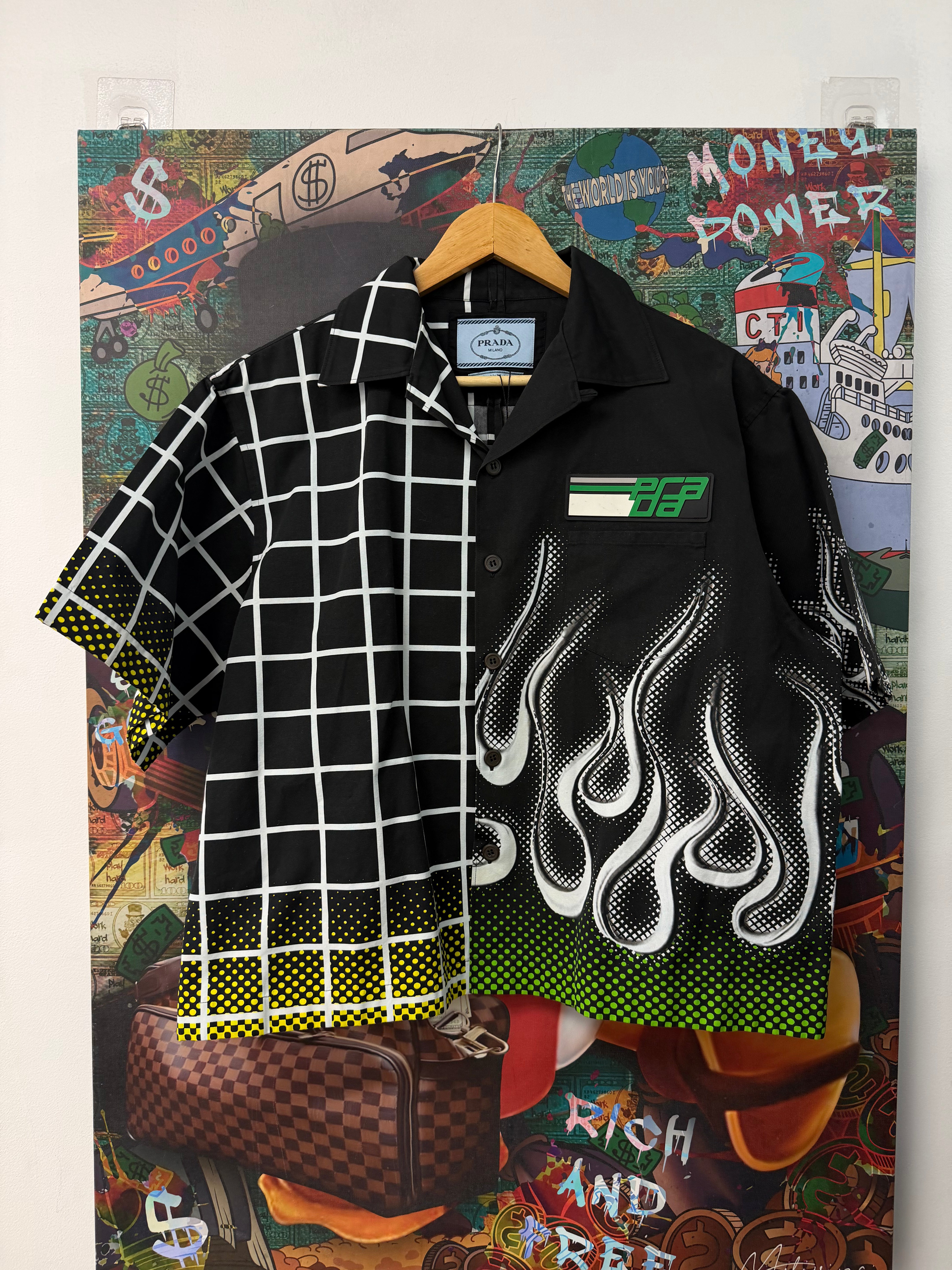Prada Double Match Black Green Flame Button Up