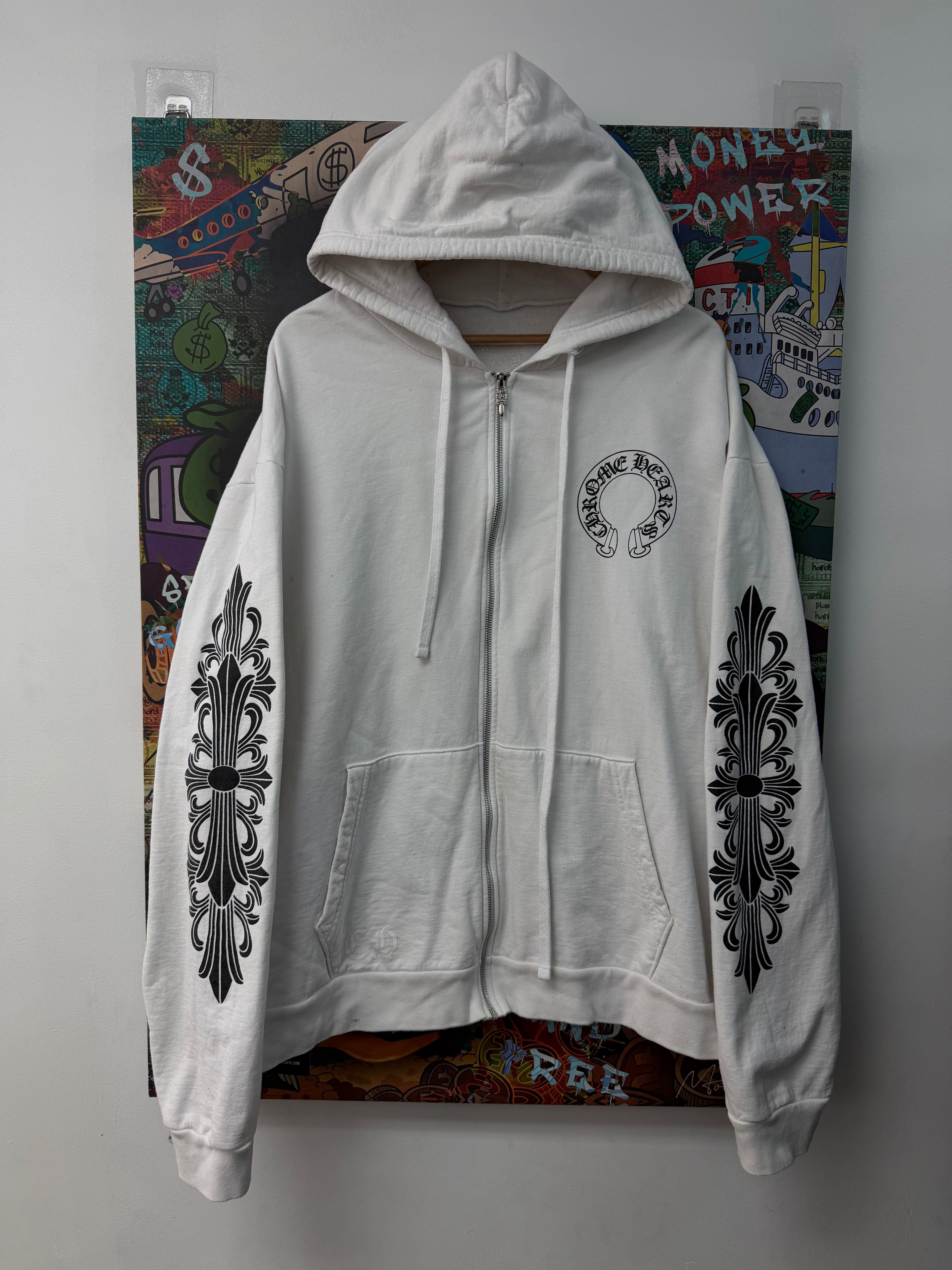 Chrome Hearts White Floral Horeshoe Zip Up Hoodie
