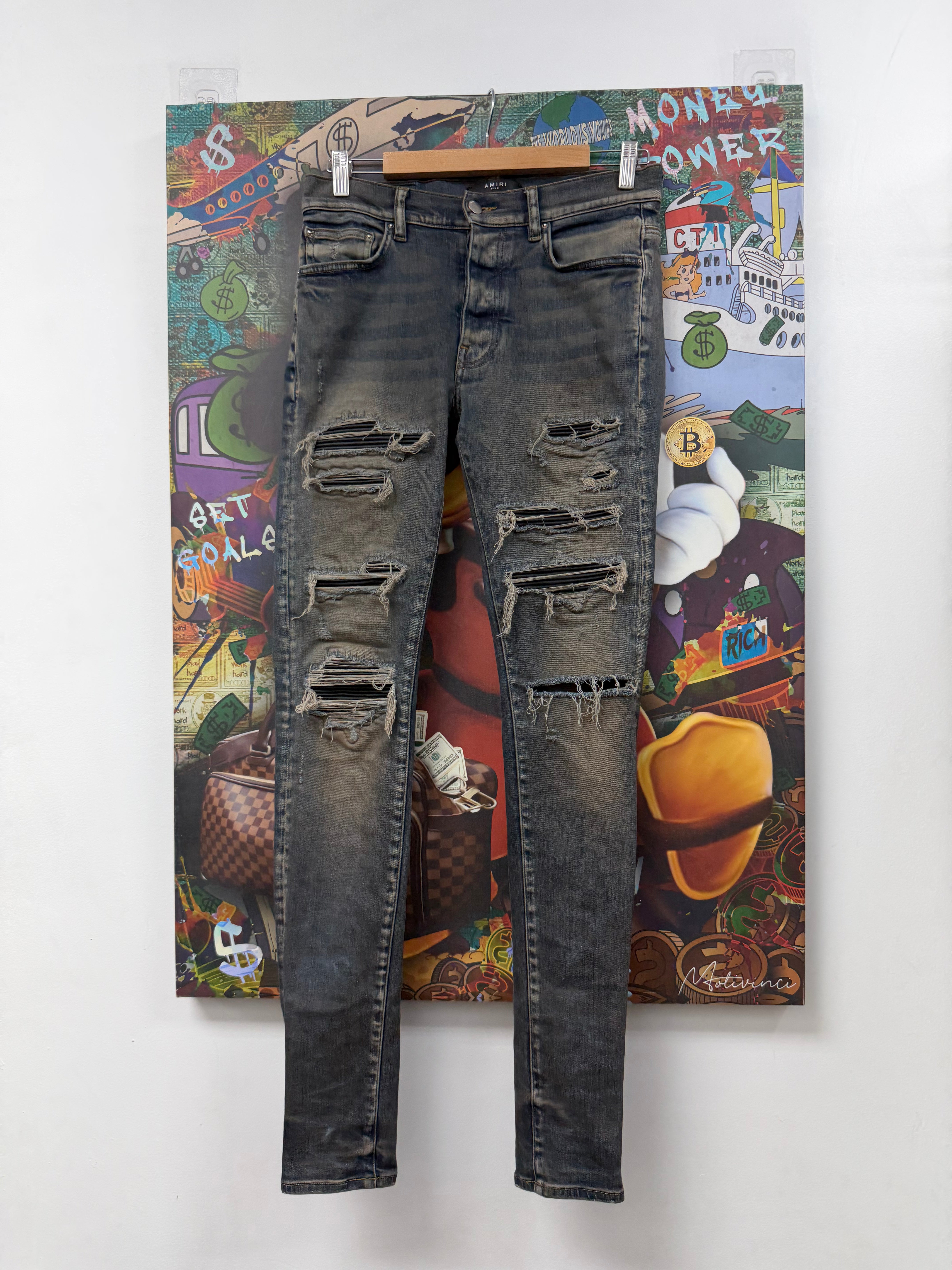 Amiri Deep Indigo Rust Black Thrasher Patch Jeans