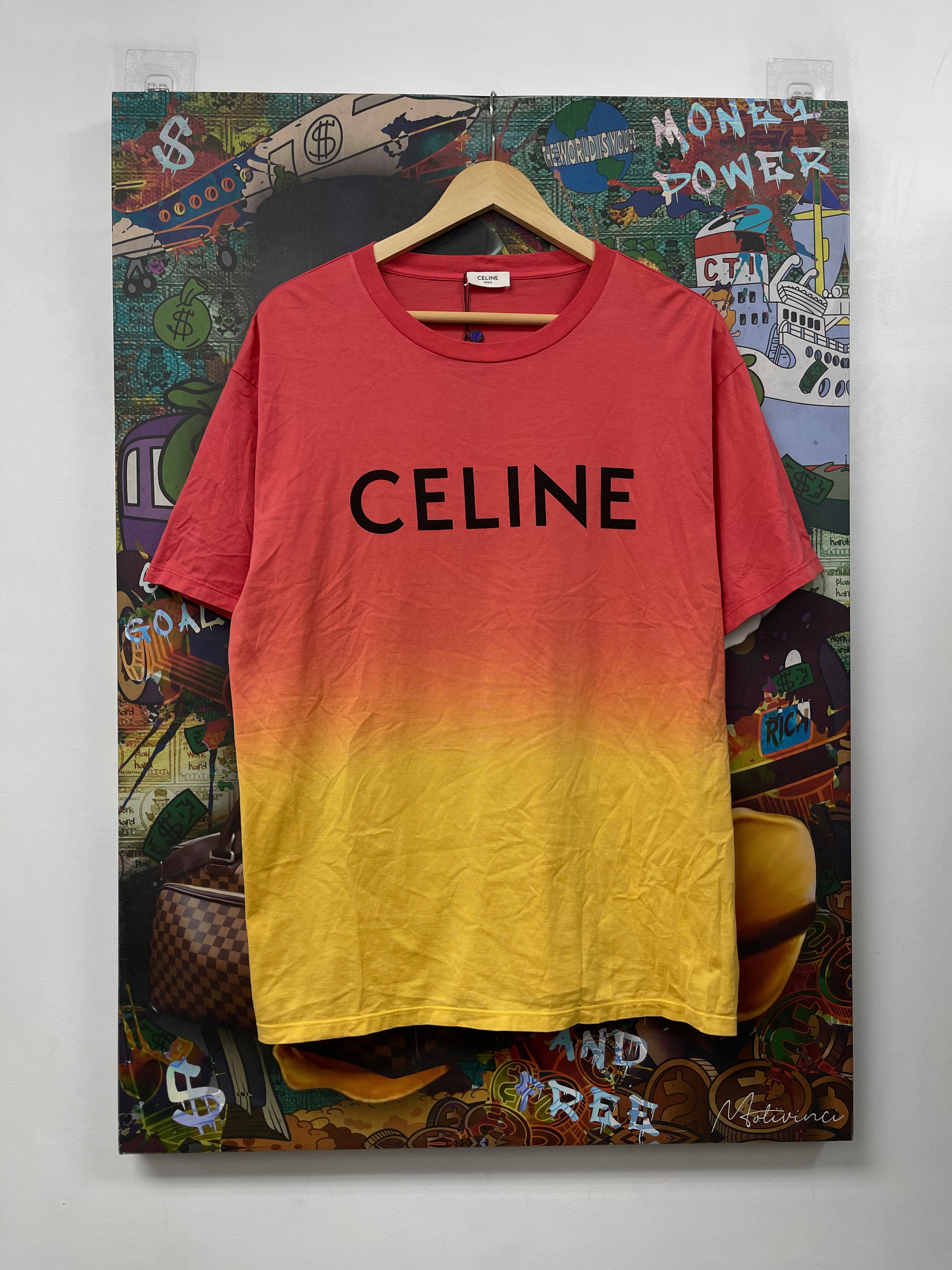 Celine Pink Yellow Chest Logo Tee