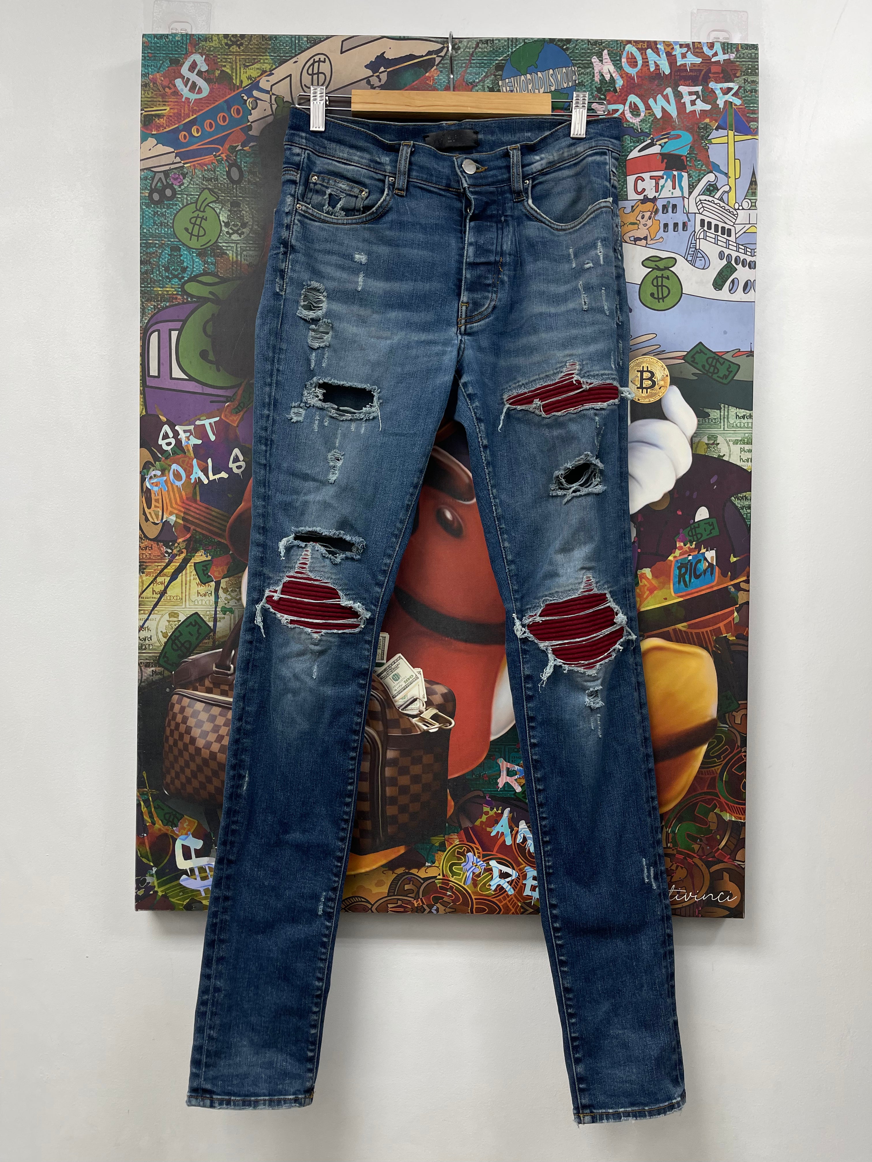 Amiri MX1 Dark Wash Maroon Suede Patch Jeans