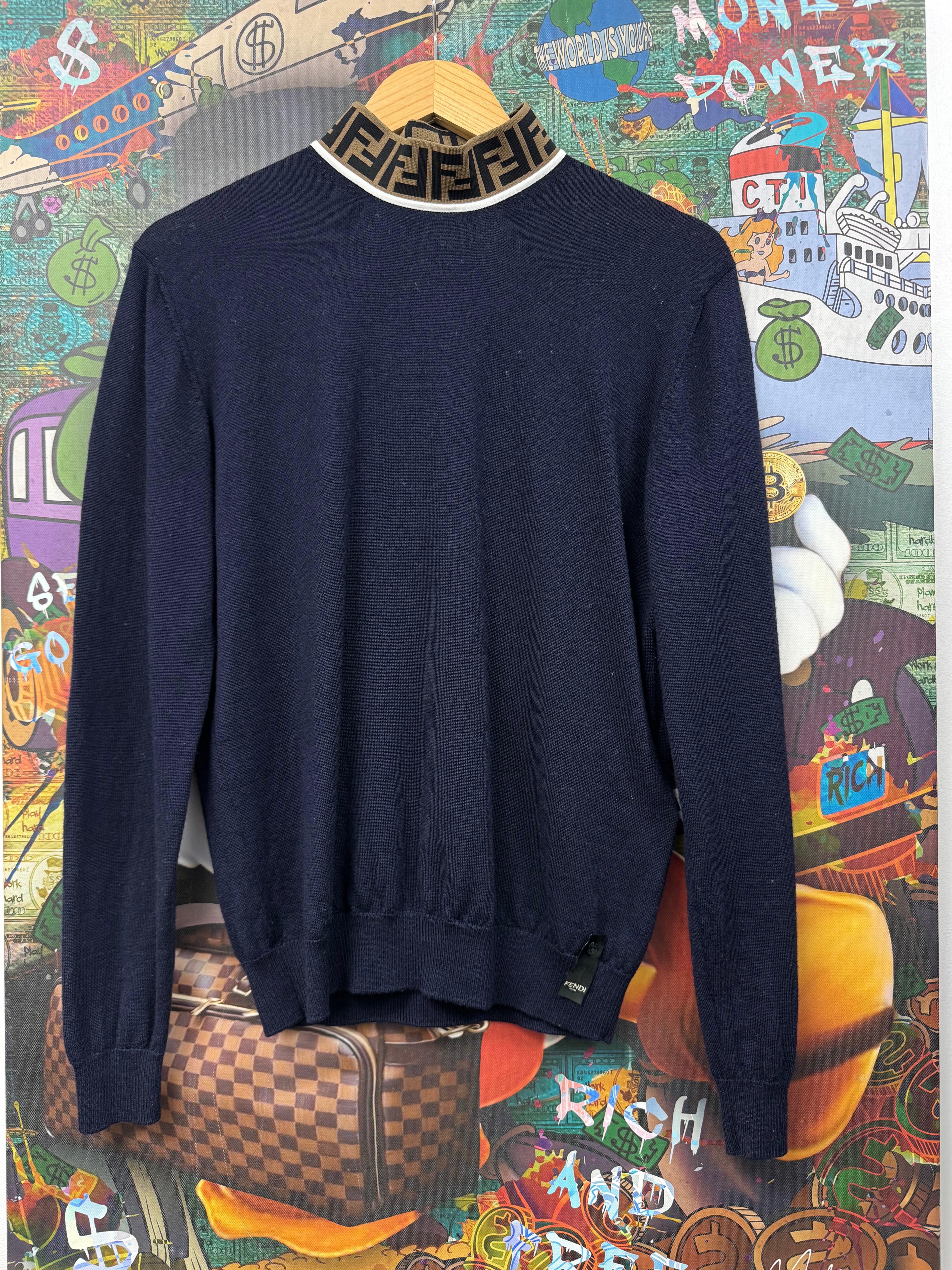 Fendi Navy Collar Monogram Turtleneck (46) Sweater
